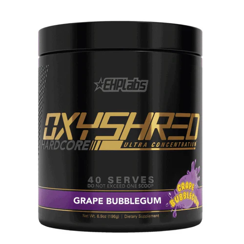 EHP LABS Oxyshred Hardcore Grape Bubblegum flavor powder container with label showing product branding and flavor details.