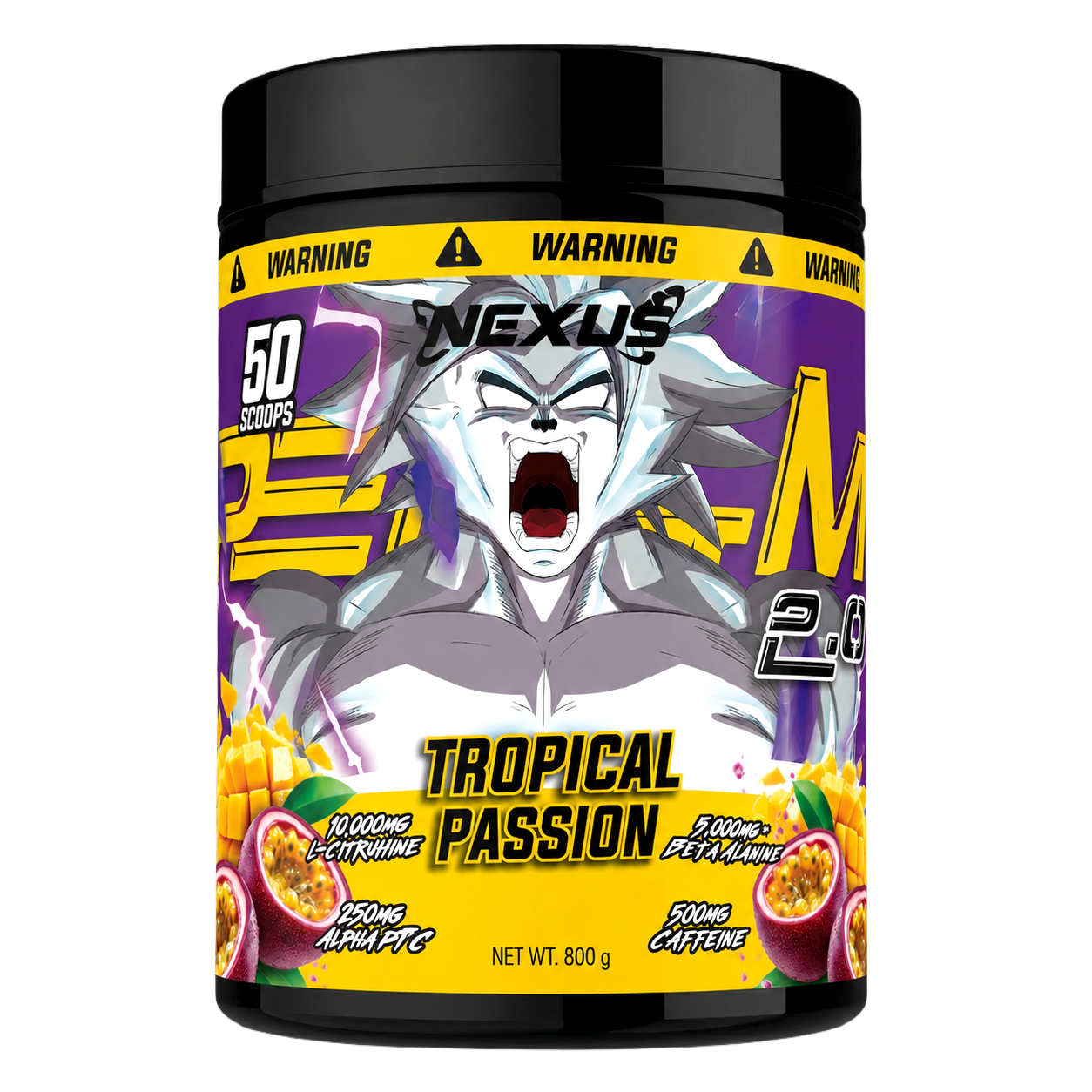 Nexus Sports Nutrition PER4M 2.0 Tropical Passion pre-workout powder in a vibrant container with tropical fruit flavor.