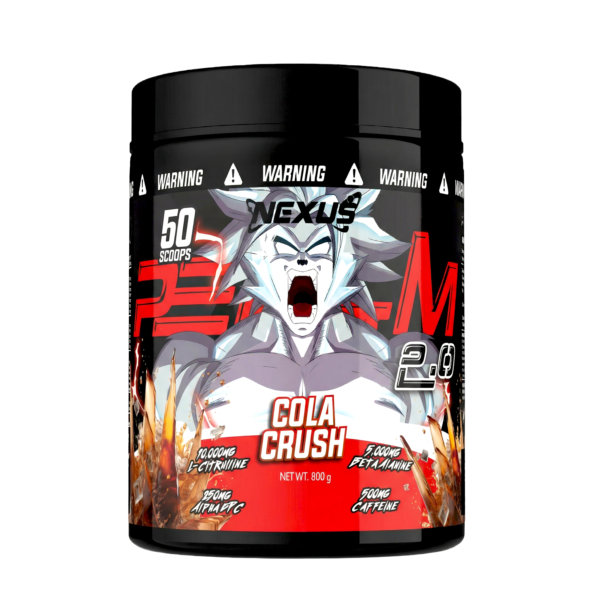 Nexus Sports Nutrition PER4M 2.0 Cola Crush pre-workout powder in a colorful container, ready for fitness use.