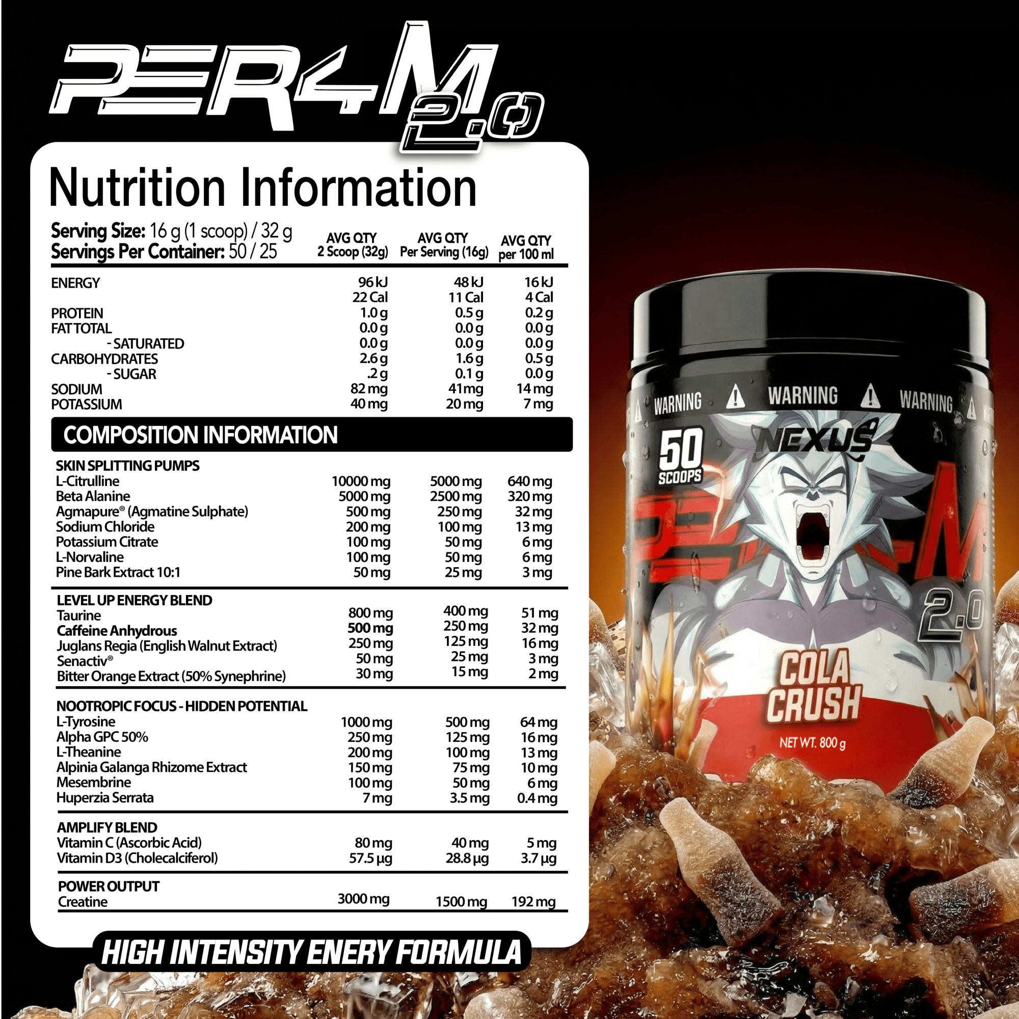 Nexus Sports Nutrition PER4M 2.0 Cola Crush pre-workout powder in a container with a cola flavor label.