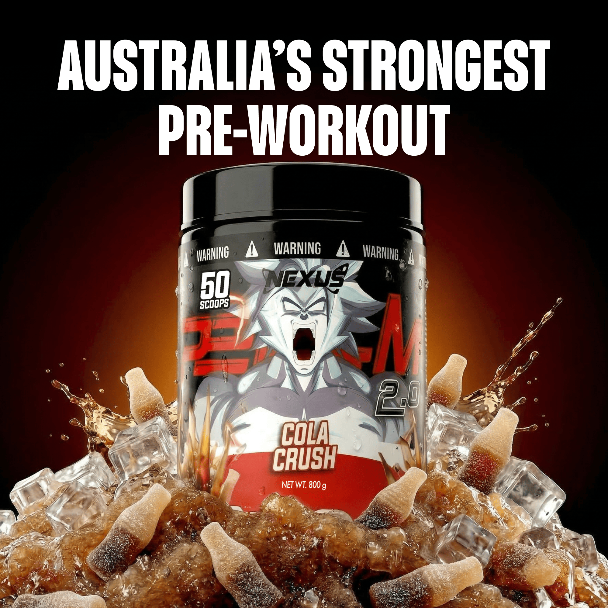 Nexus Sports Nutrition PER4M 2.0 Cola Crush pre-workout powder in a container with cola flavor label.