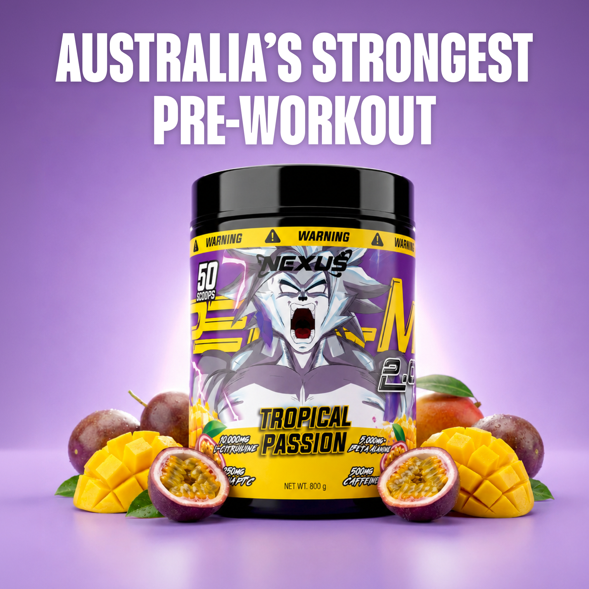 Nexus Sports Nutrition PER4M 2.0 Tropical Passion pre-workout powder in a vibrant container with tropical fruit flavor.