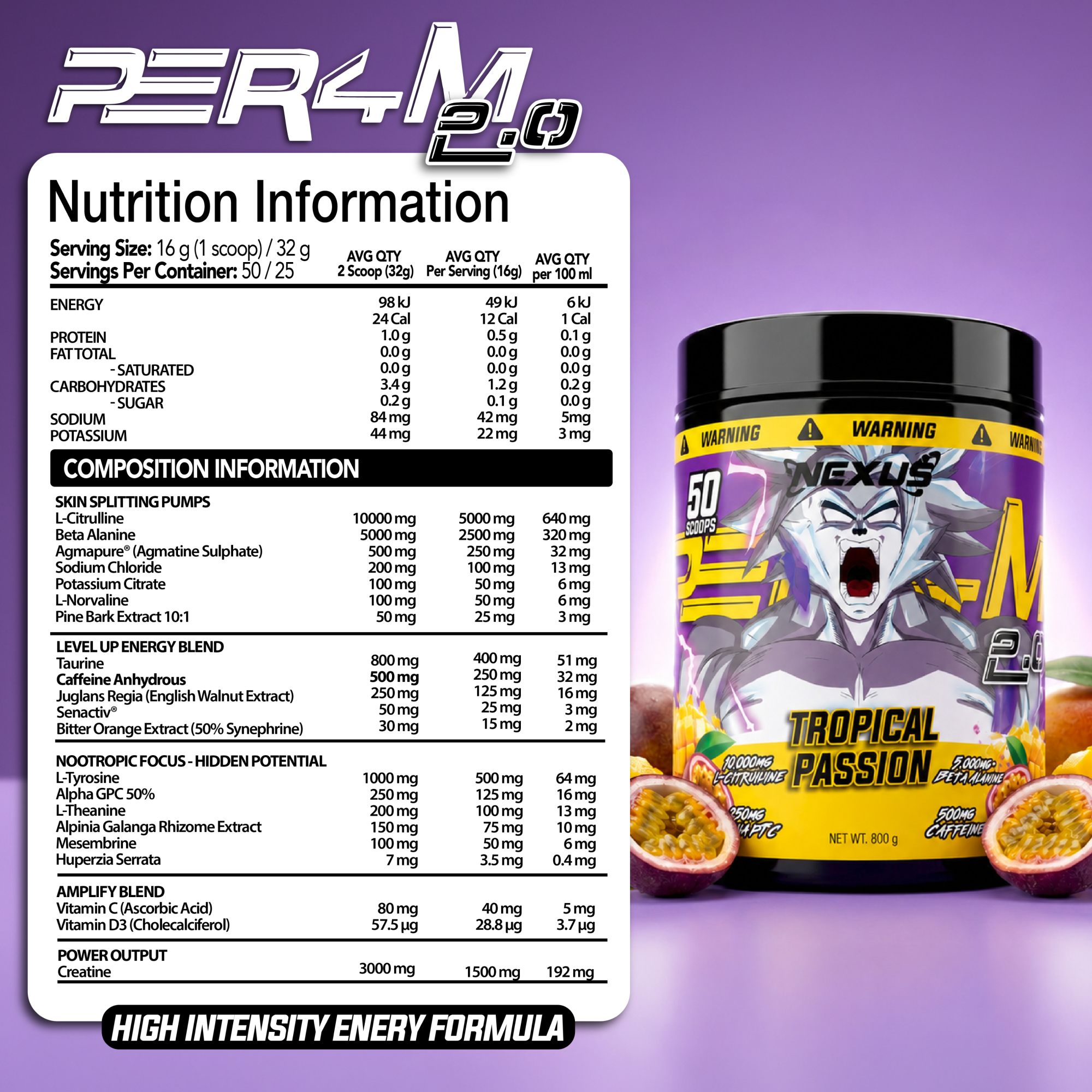 Nexus Sports Nutrition PER4M 2.0 Tropical Passion pre-workout powder in a colorful container with tropical fruit flavor.
