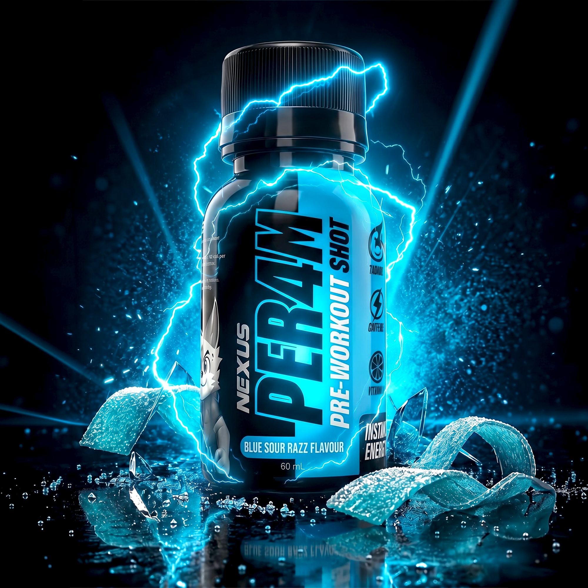 Nexus Sports Nutrition PER4M Shots Blue Sour Razz bottle with blue and purple design, showing the colorful liquid inside.