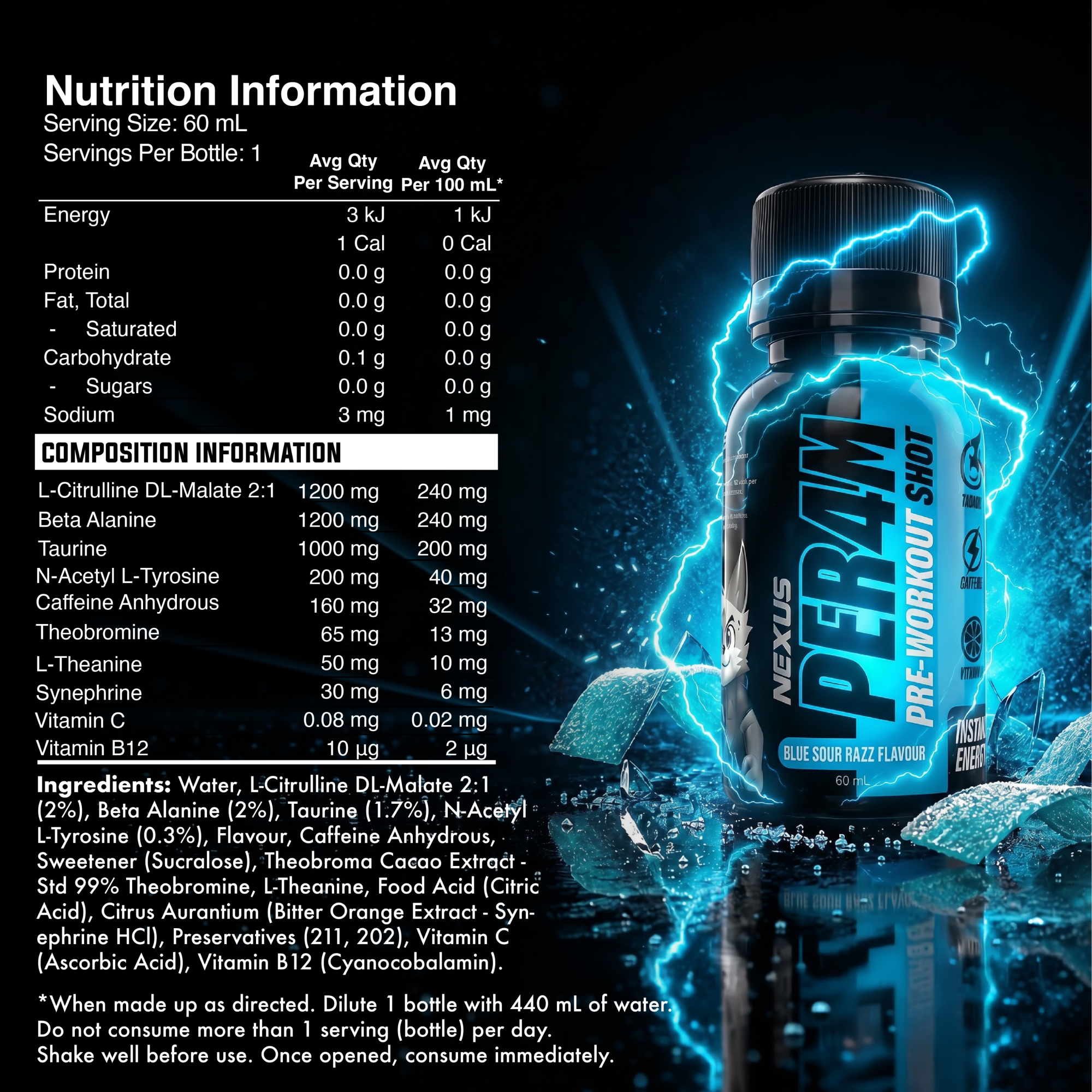 Blue Sour Razz PER4M Shots by Nexus Sports Nutrition, featuring vibrant blue and red liquid in a small energy shot bottle.