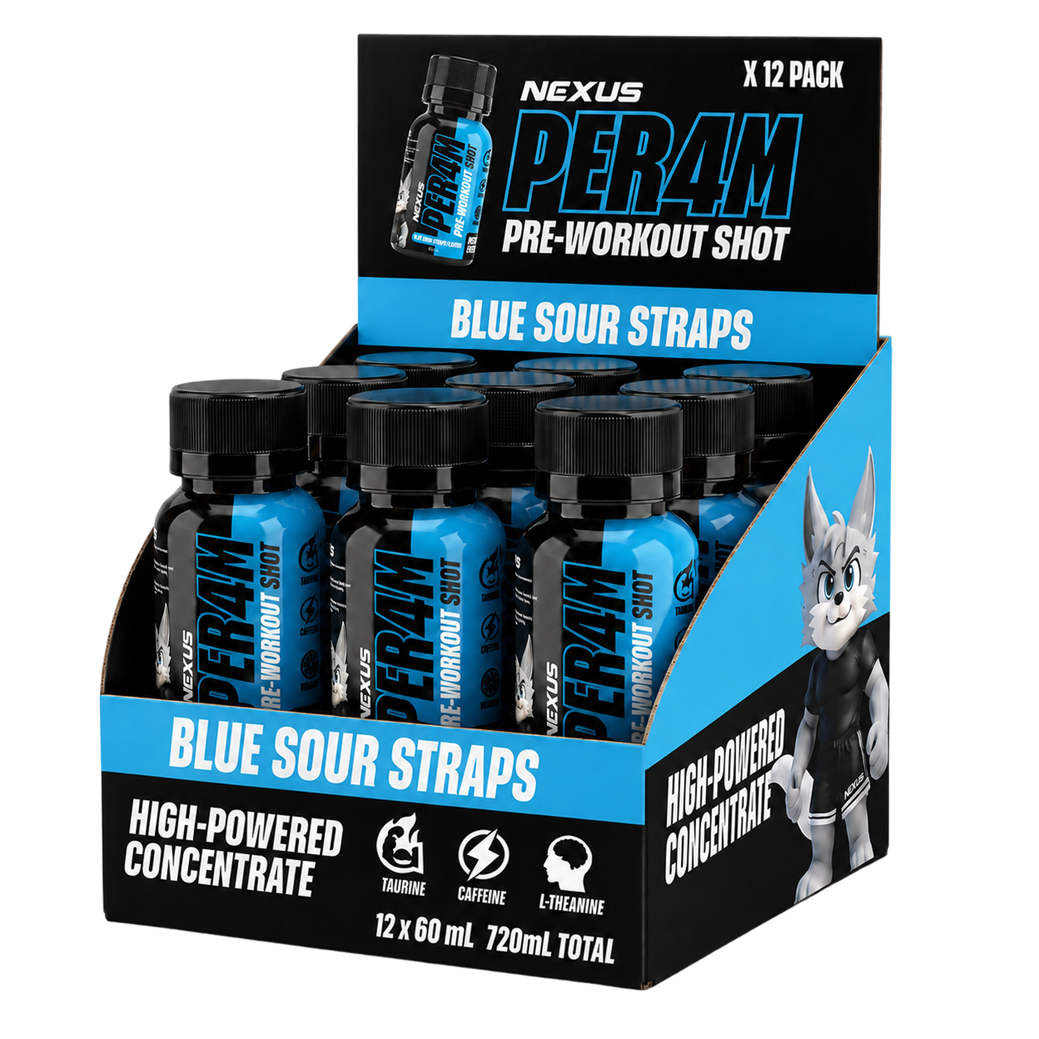 Nexus Sports Nutrition PER4M Shots Blue Sour Razz bottle with blue and purple label, showcasing the energy shot product.