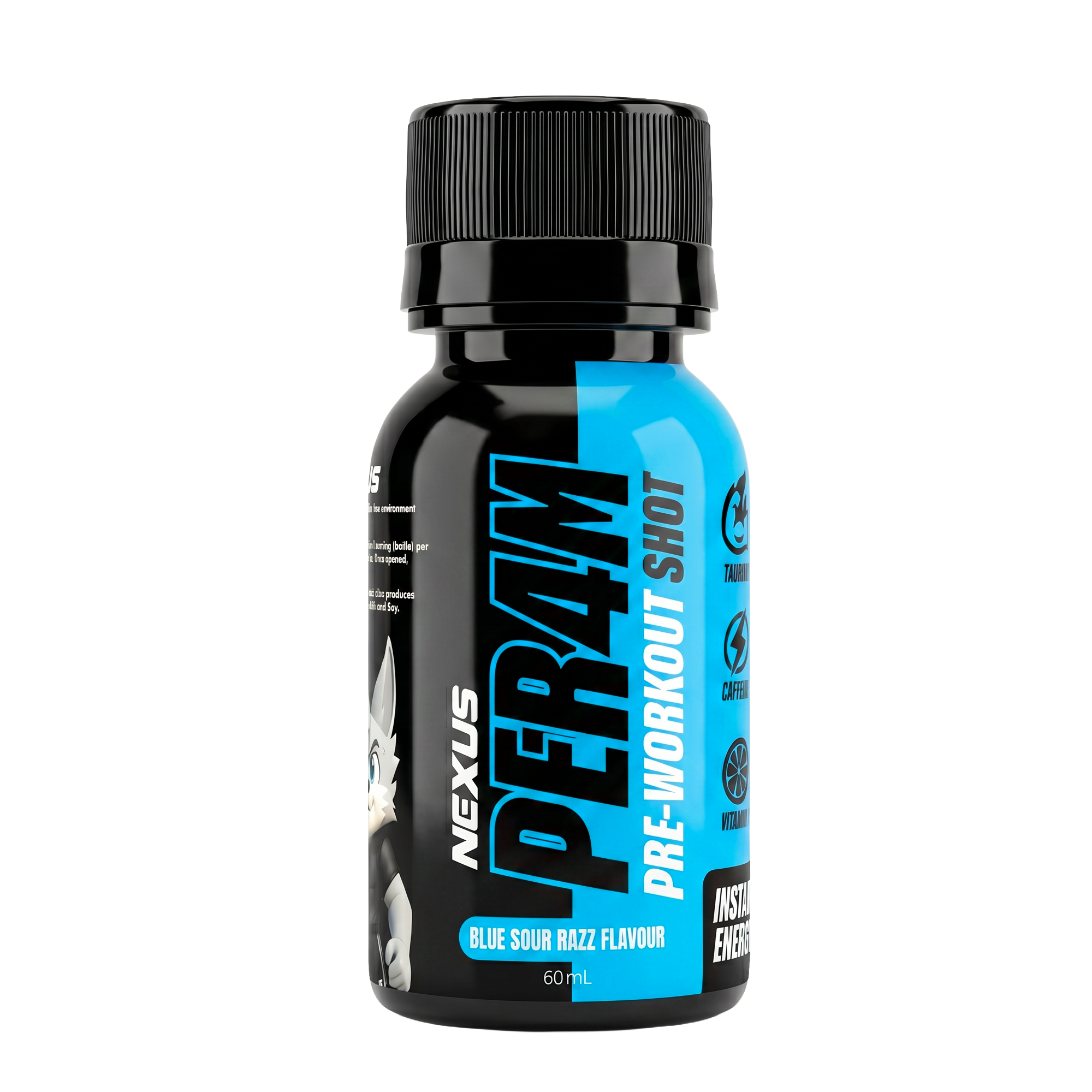 Nexus Sports Nutrition PER4M Shots Blue Sour Razz energy shot bottle with blue label and colorful branding.