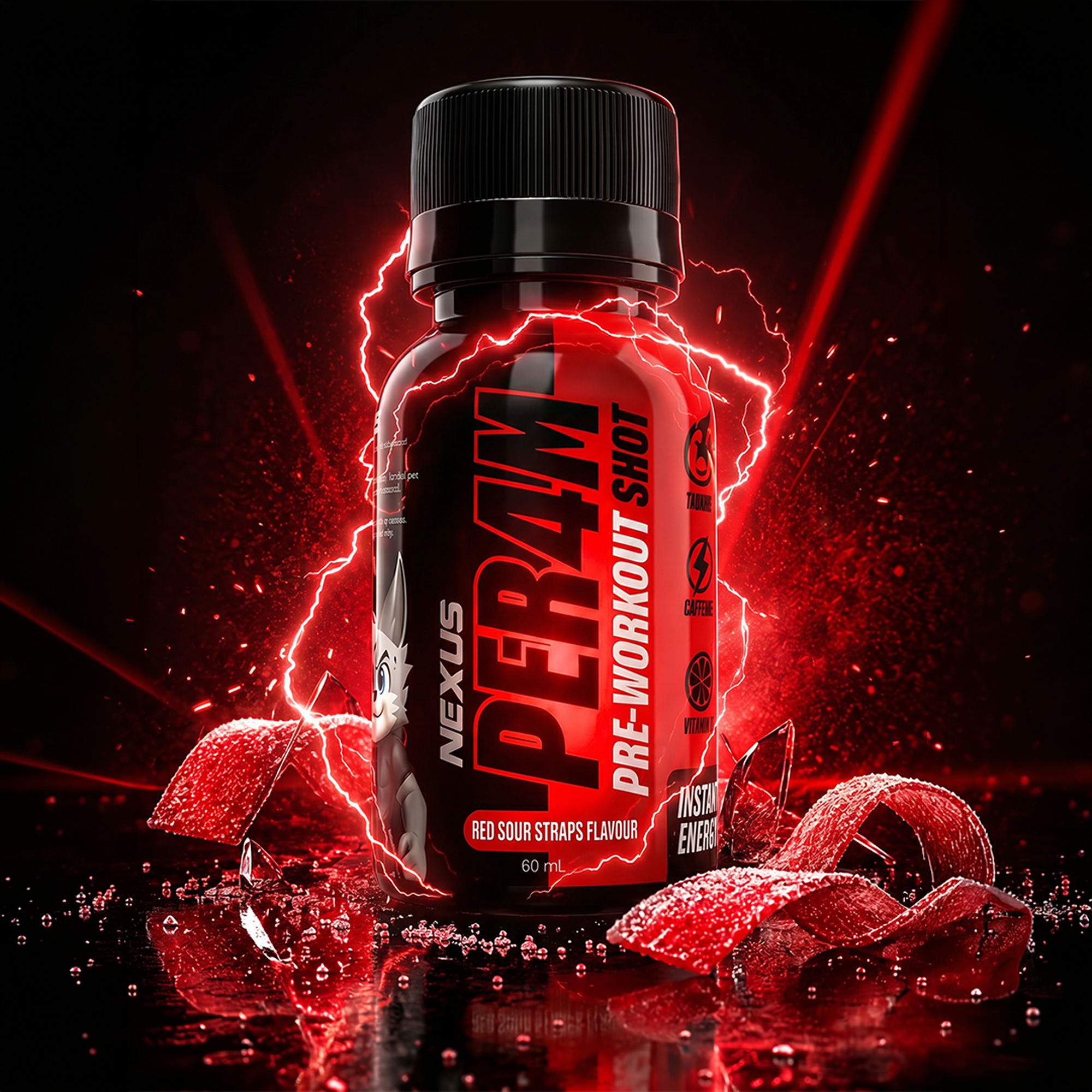 Nexus Sports Nutrition PER4M Shots Red Sour Straps, colorful sour candy strips in a clear bag, vibrant red and yellow colors.