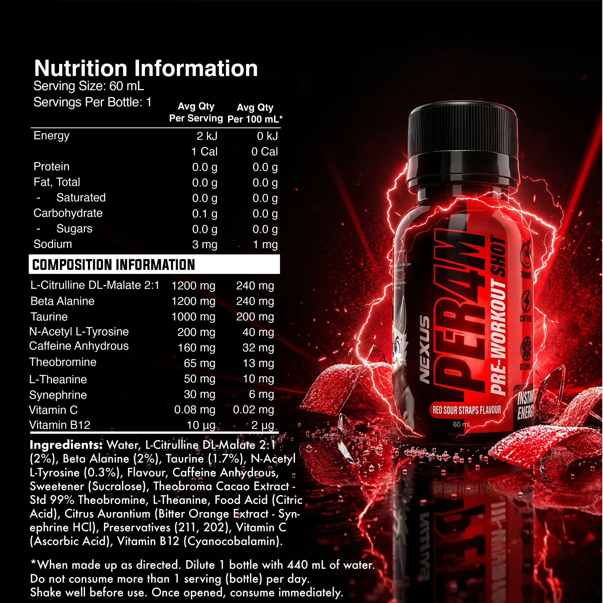 Nexus Sports Nutrition PER4M Shots Red Sour Straps, vibrant red sour candy strips in a clear package.