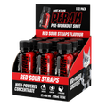Nexus Sports Nutrition PER4M Shots Red Sour Straps candy pack with vibrant red sour gummy straps in a clear bag.