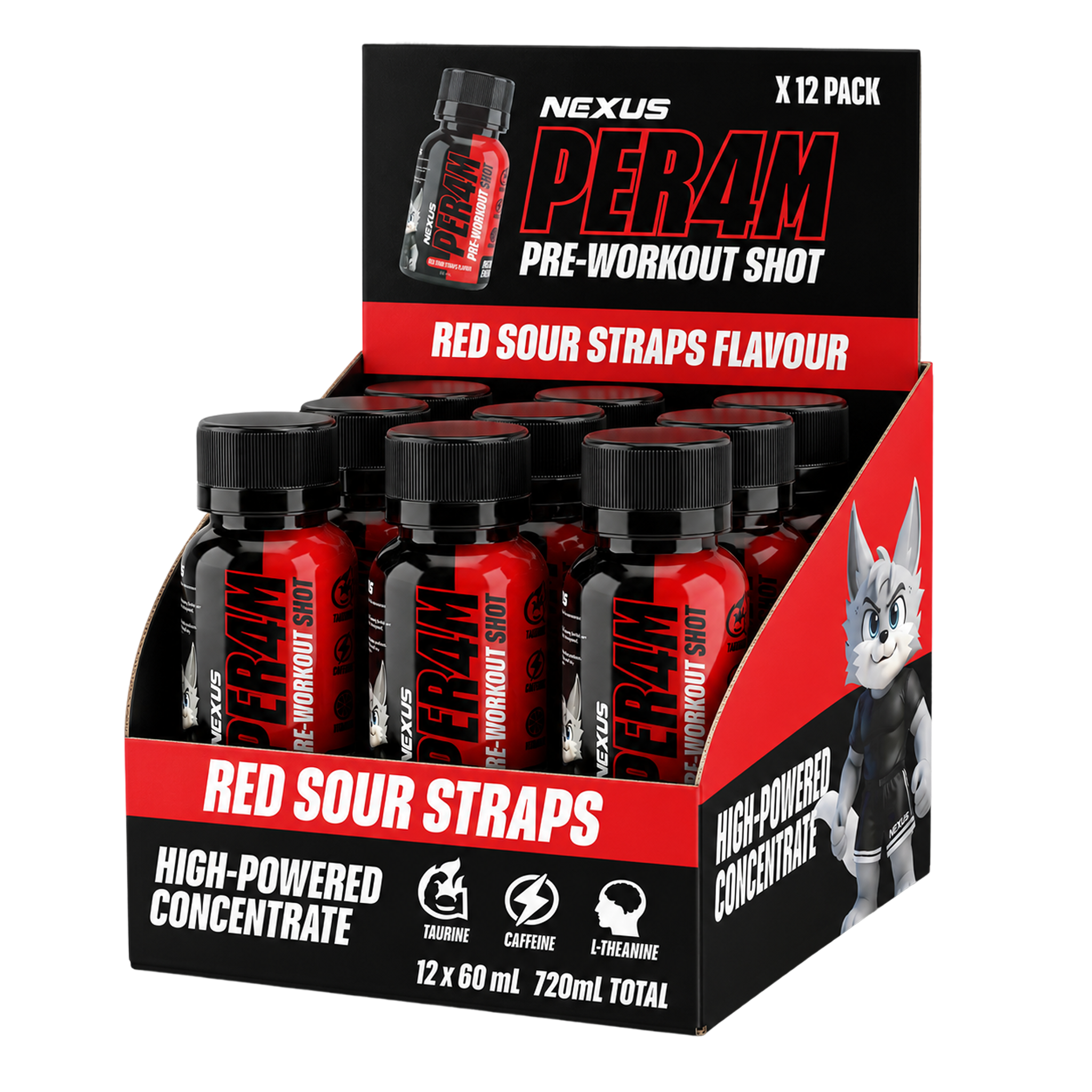 Nexus Sports Nutrition PER4M Shots Red Sour Straps candy pack with vibrant red sour gummy straps in a clear bag.