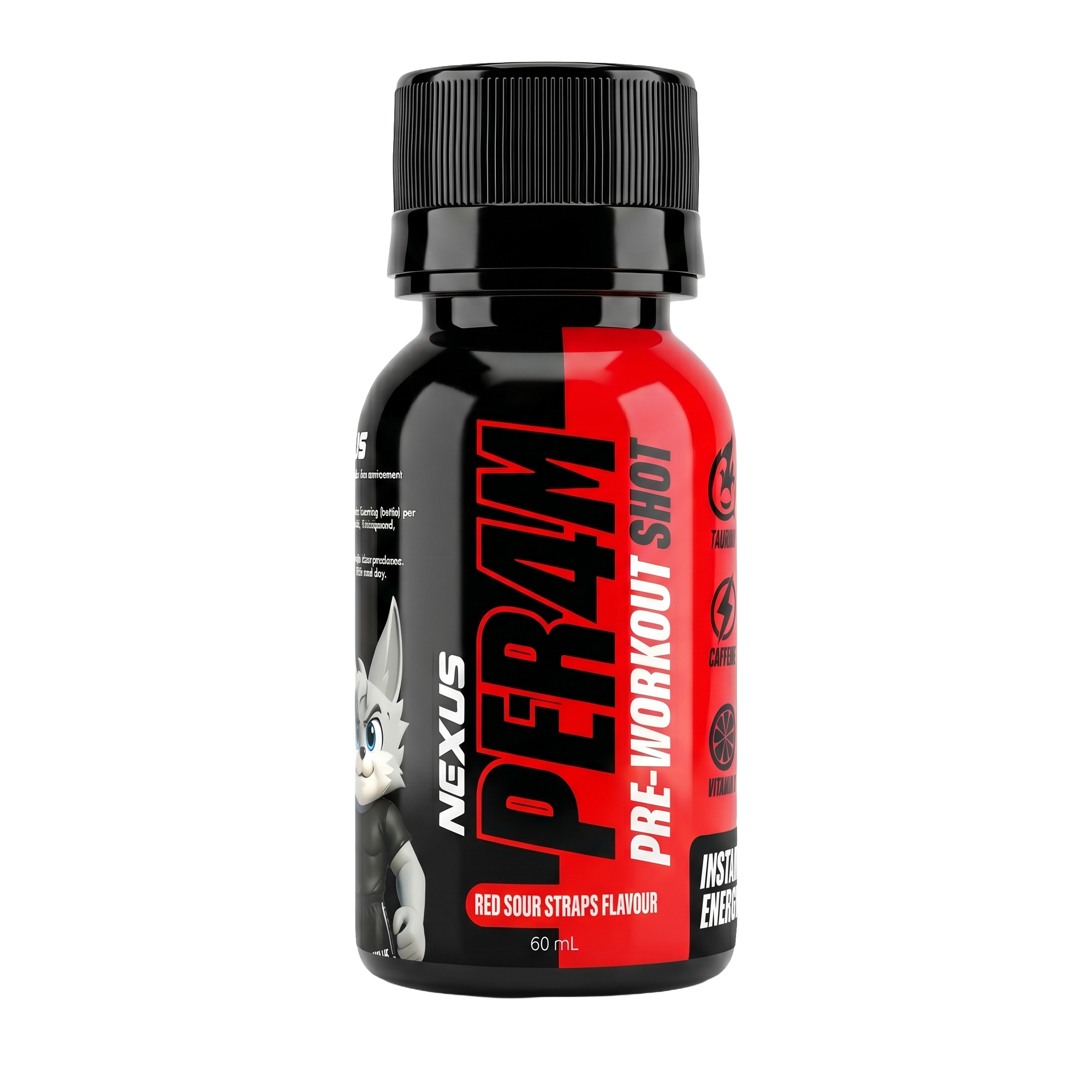 Nexus Sports Nutrition PER4M Shots Red Sour Straps, colorful chewy sour candy strips in red packaging.