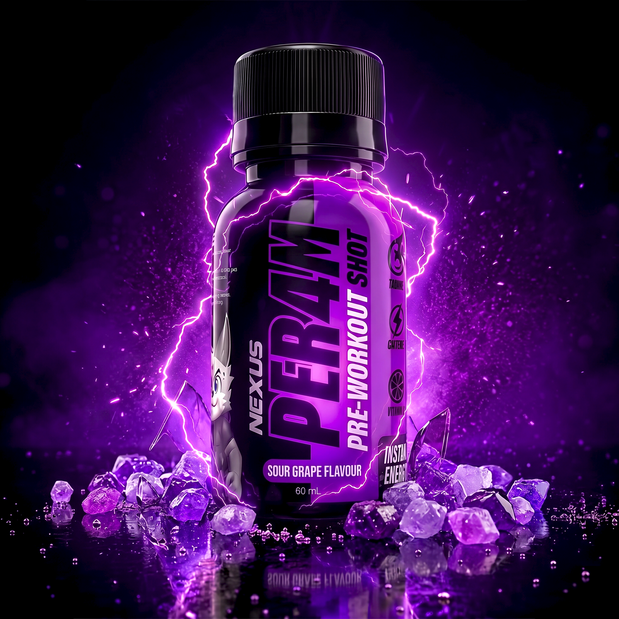 Nexus Sports Nutrition PER4M Shots Sour Grape flavor, small energy shot bottle with vibrant purple liquid and label design.