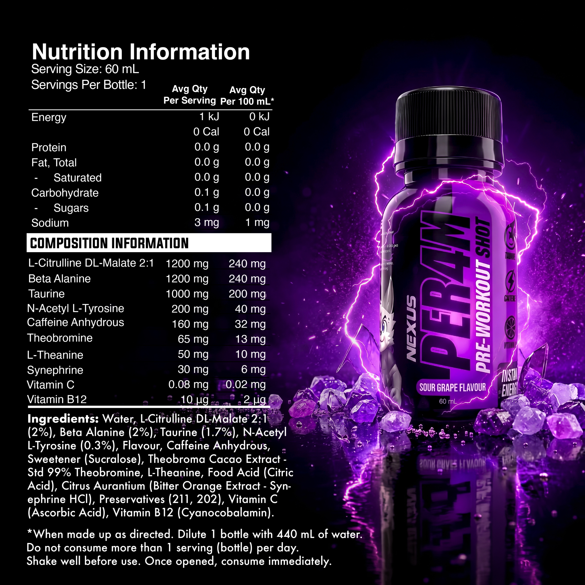 Nexus Sports Nutrition PER4M Shots Sour Grape flavor bottle, vibrant packaging with a focus on the energy shot design.