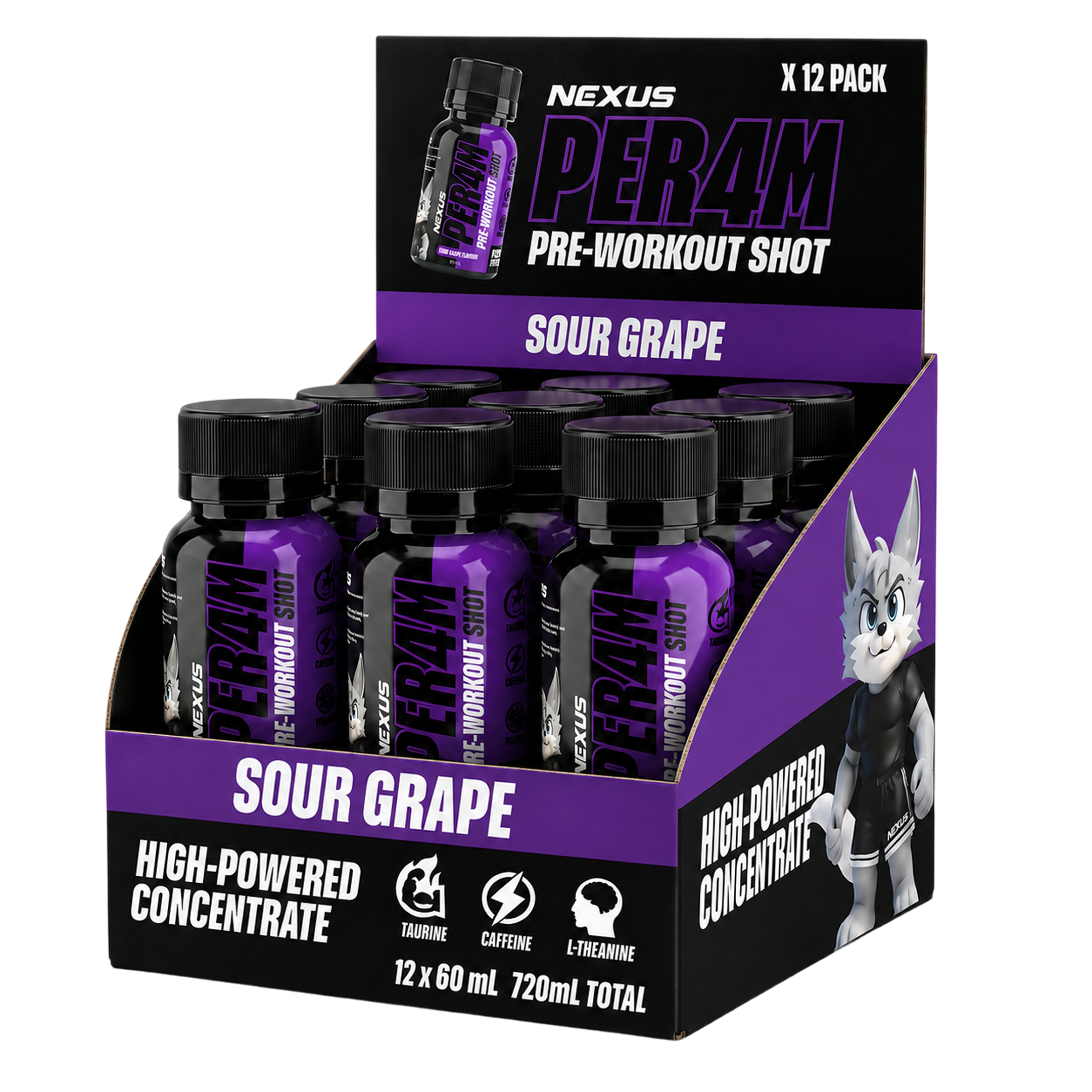 Nexus Sports Nutrition PER4M Shots Sour Grape flavor bottle with vibrant label and clear branding for energy supplement.