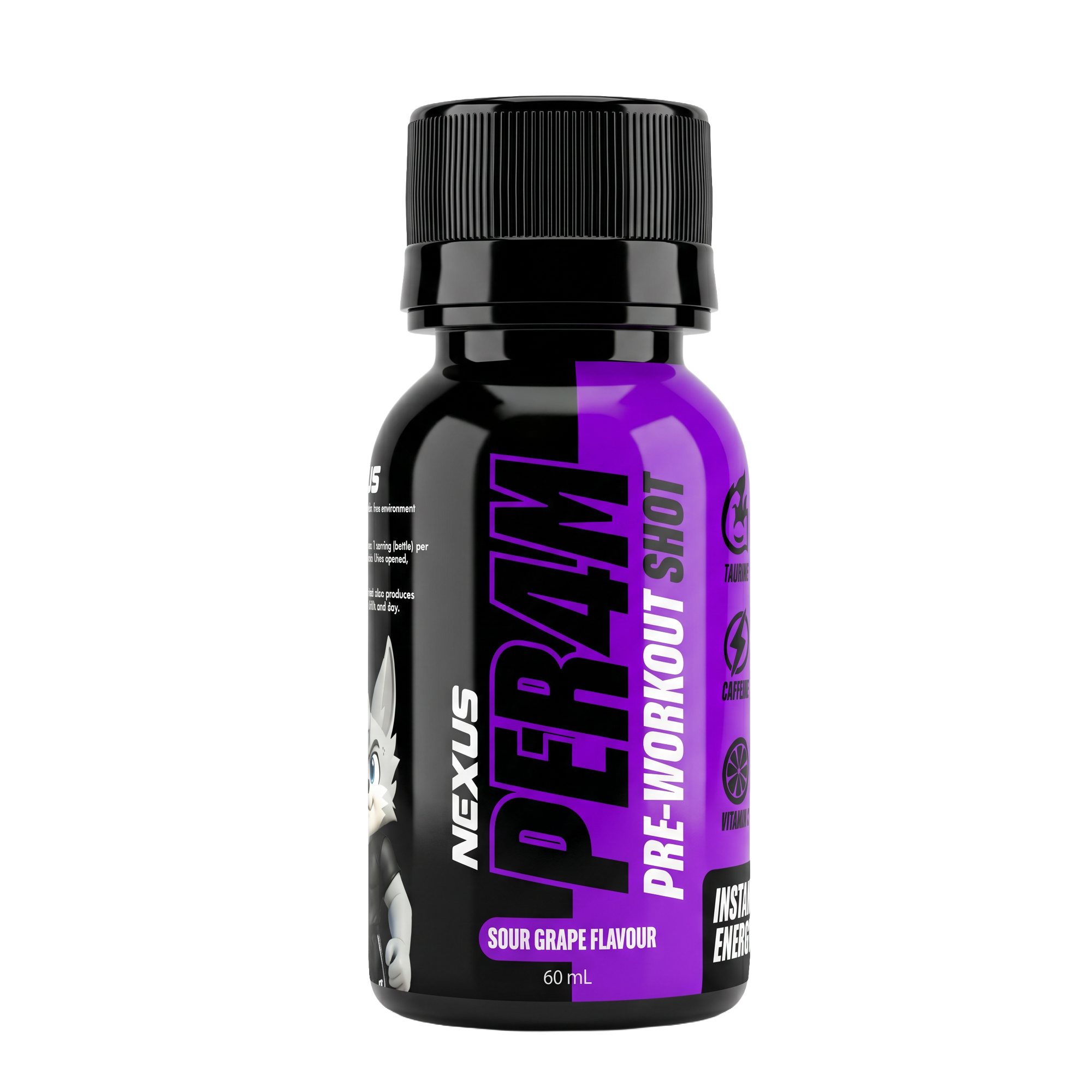 Nexus Sports Nutrition PER4M Shots Sour Grape energy shot with vibrant purple liquid and bright packaging.