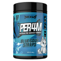 Nexus Nutrition PER4M pre-workout powder with Blue Sour Straps flavor in a container, showing the product label and scoop.