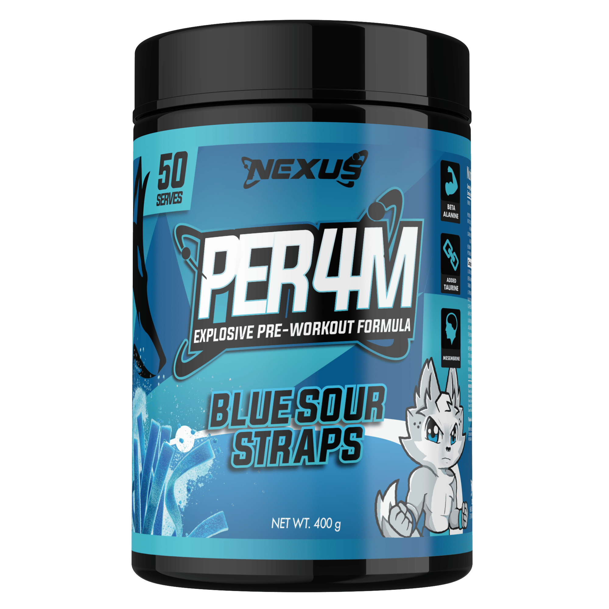 Nexus Nutrition PER4M pre-workout powder with Blue Sour Straps flavor in a container, showing the product label and scoop.