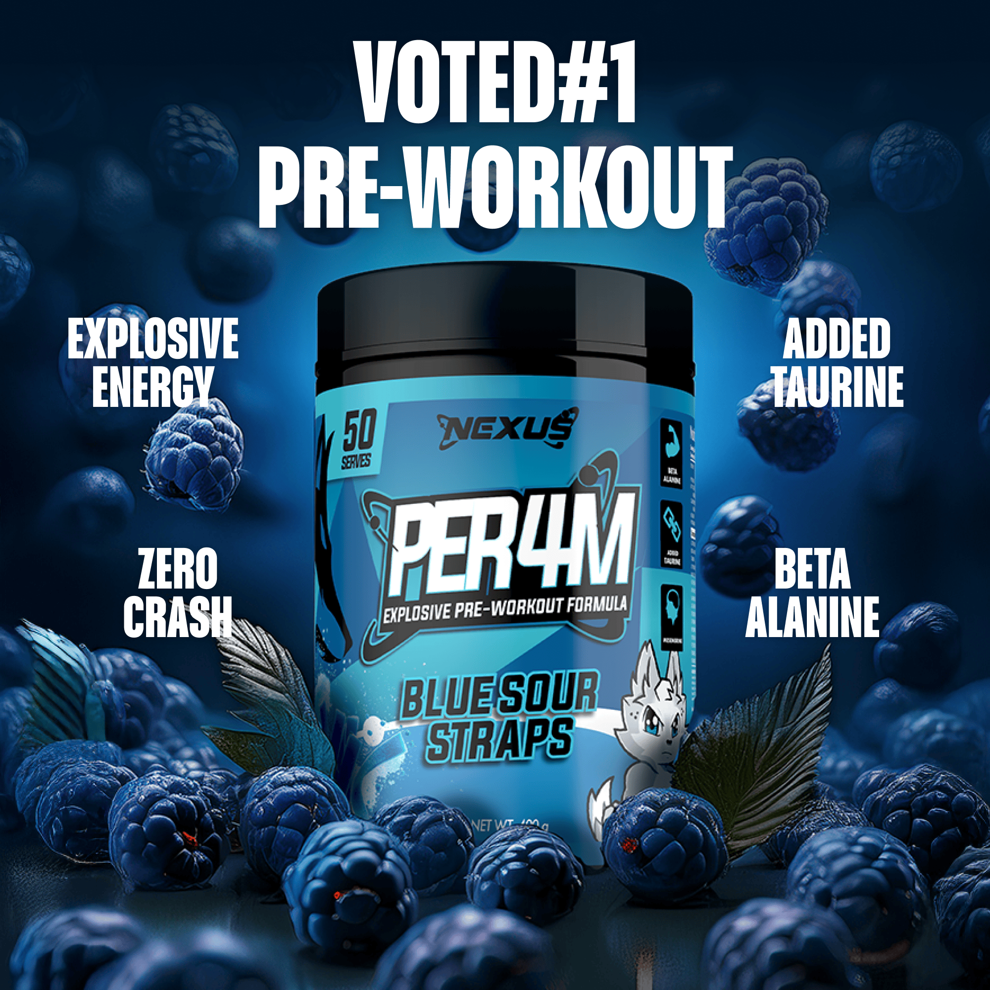 Nexus Nutrition PER4M Pre-Workout powder with Blue Sour Straps flavor in a clear container, showing the vibrant supplement inside.