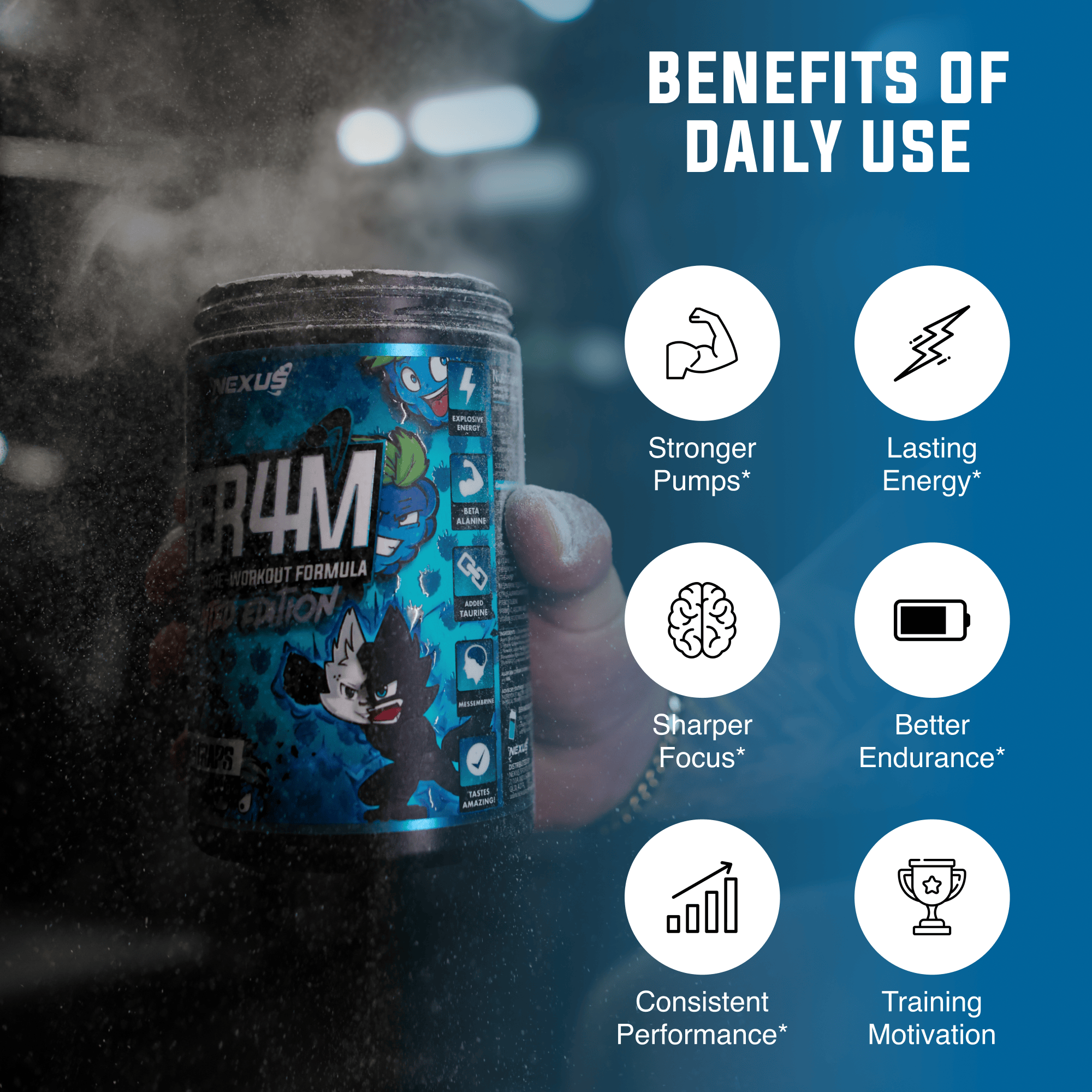 Nexus Nutrition PER4M pre-workout supplement with blue sour straps flavor, featuring a container and scoop on a white background.