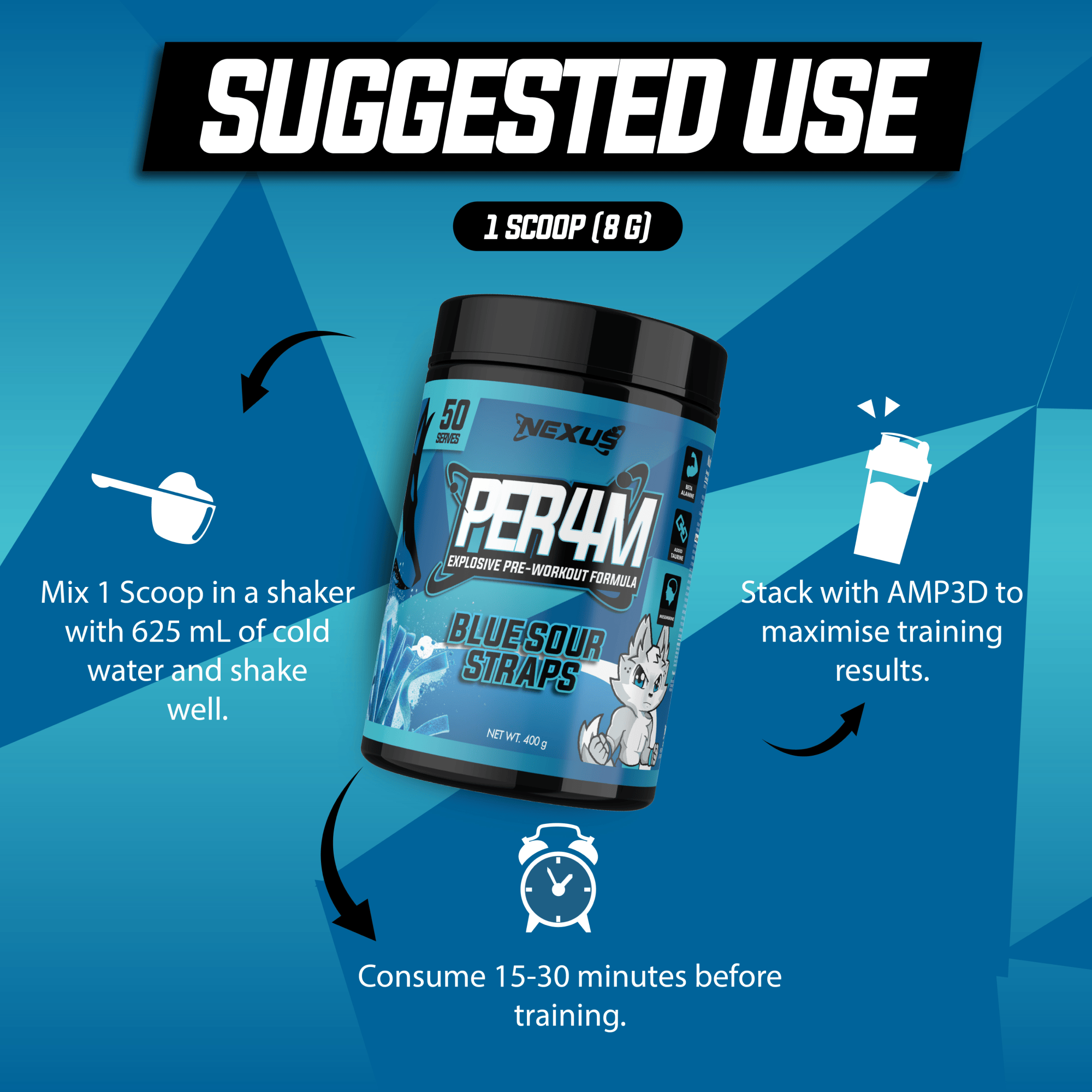 Nexus Nutrition PER4M Pre-Workout powder with Blue Sour Straps flavor, shown in a container with a scoop of blue supplement powder.
