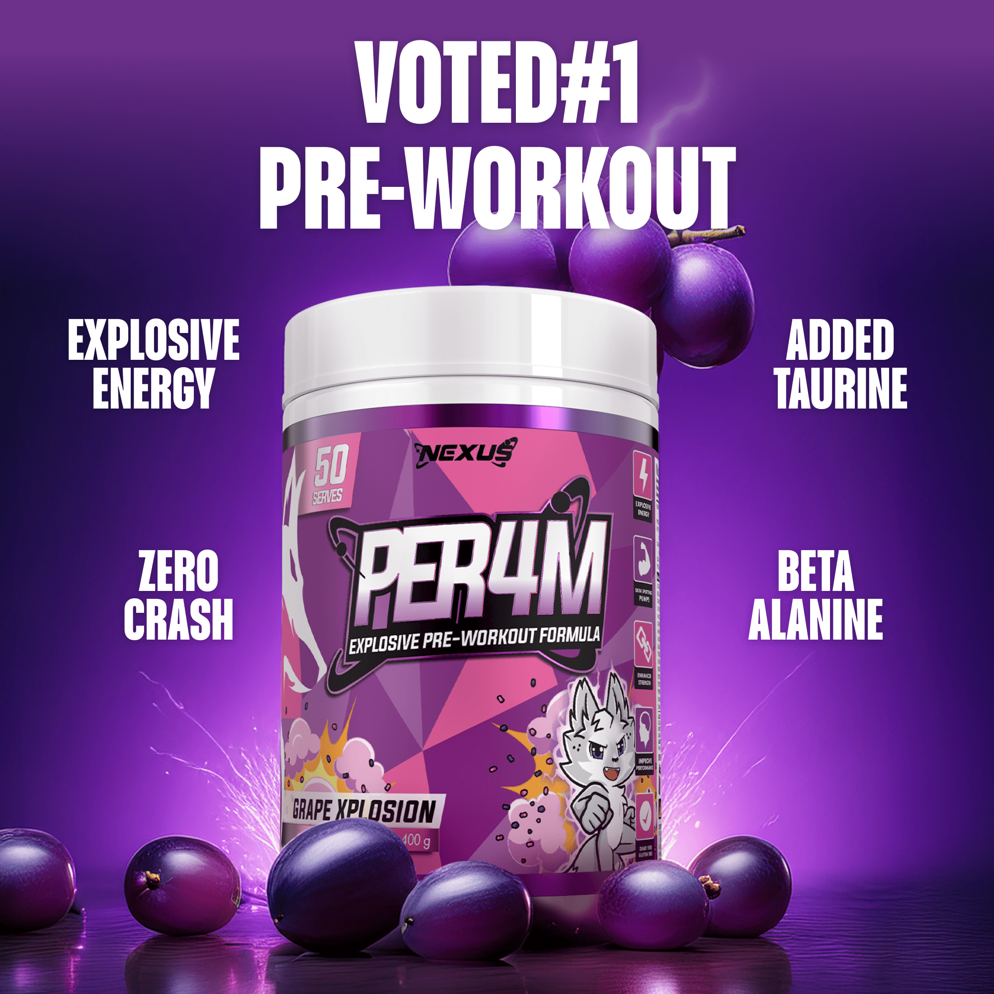 Nexus Nutrition PER4M Pre-Workout powder in GrapeXplosion flavor, shown in a container with a scoop and purple-colored powder.