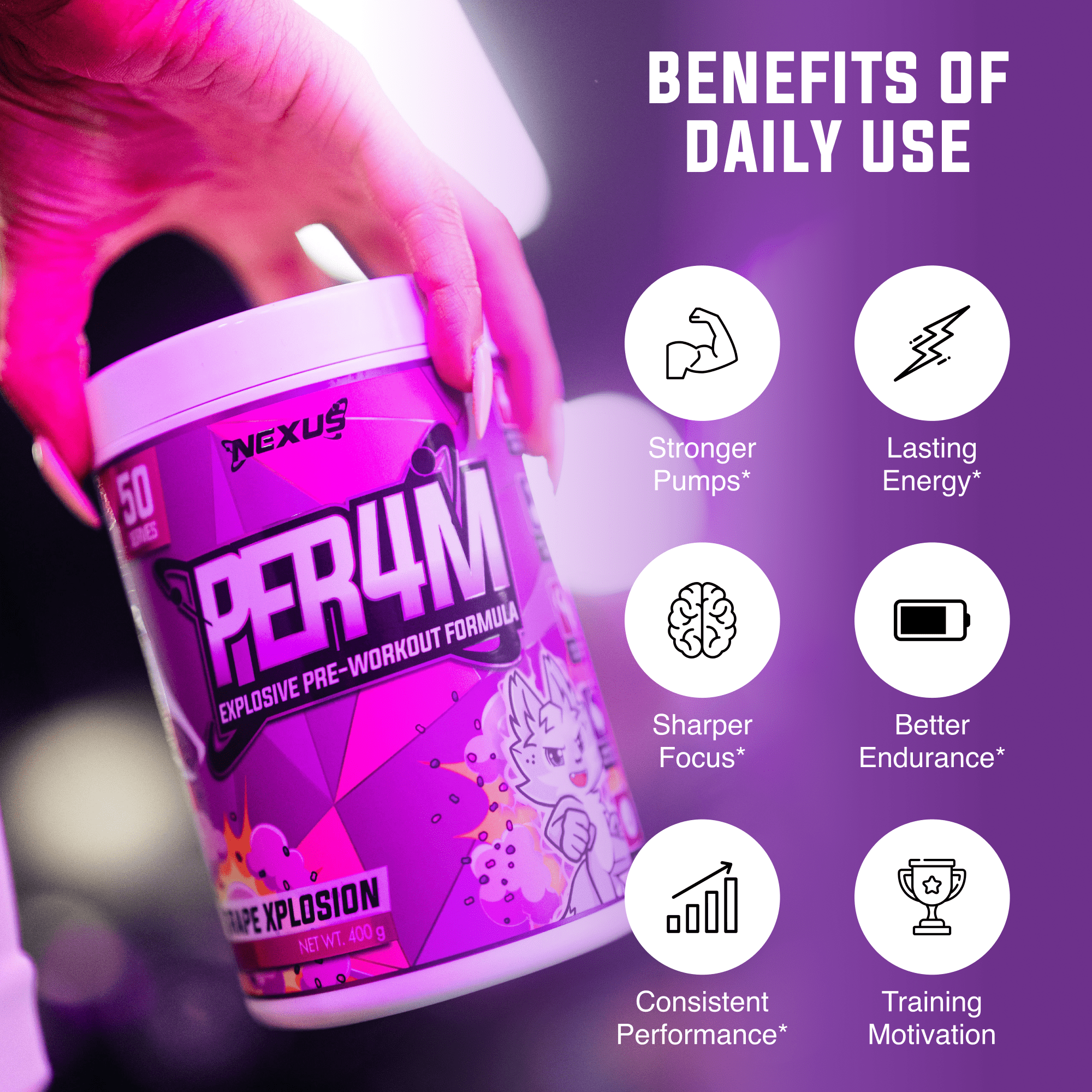 Nexus Nutrition PER4M Pre-Workout in GrapeXplosion flavor, showing the vibrant, energizing supplement powder in a container.