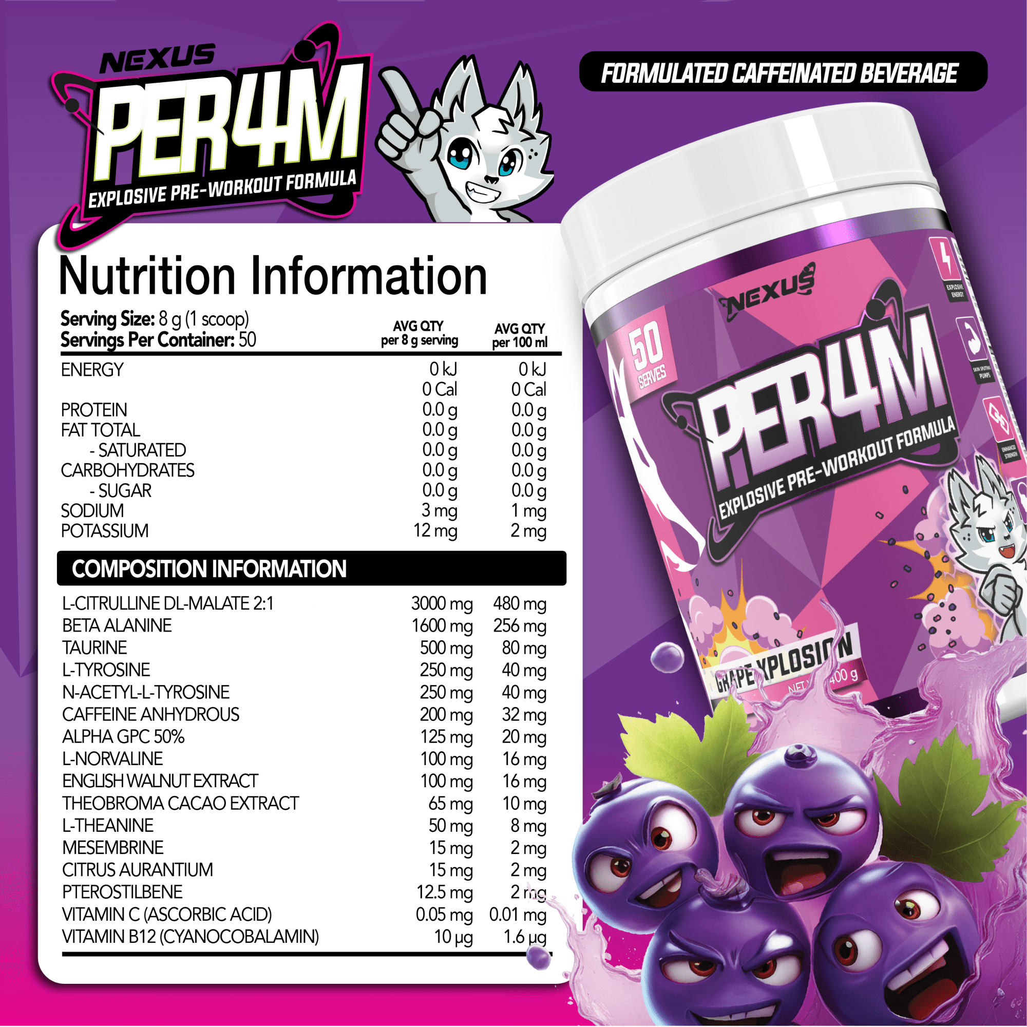 Nexus Nutrition PER4M Pre-Workout powder in GrapeXplosion flavor, vibrant purple and blue scoop with container, ready for use