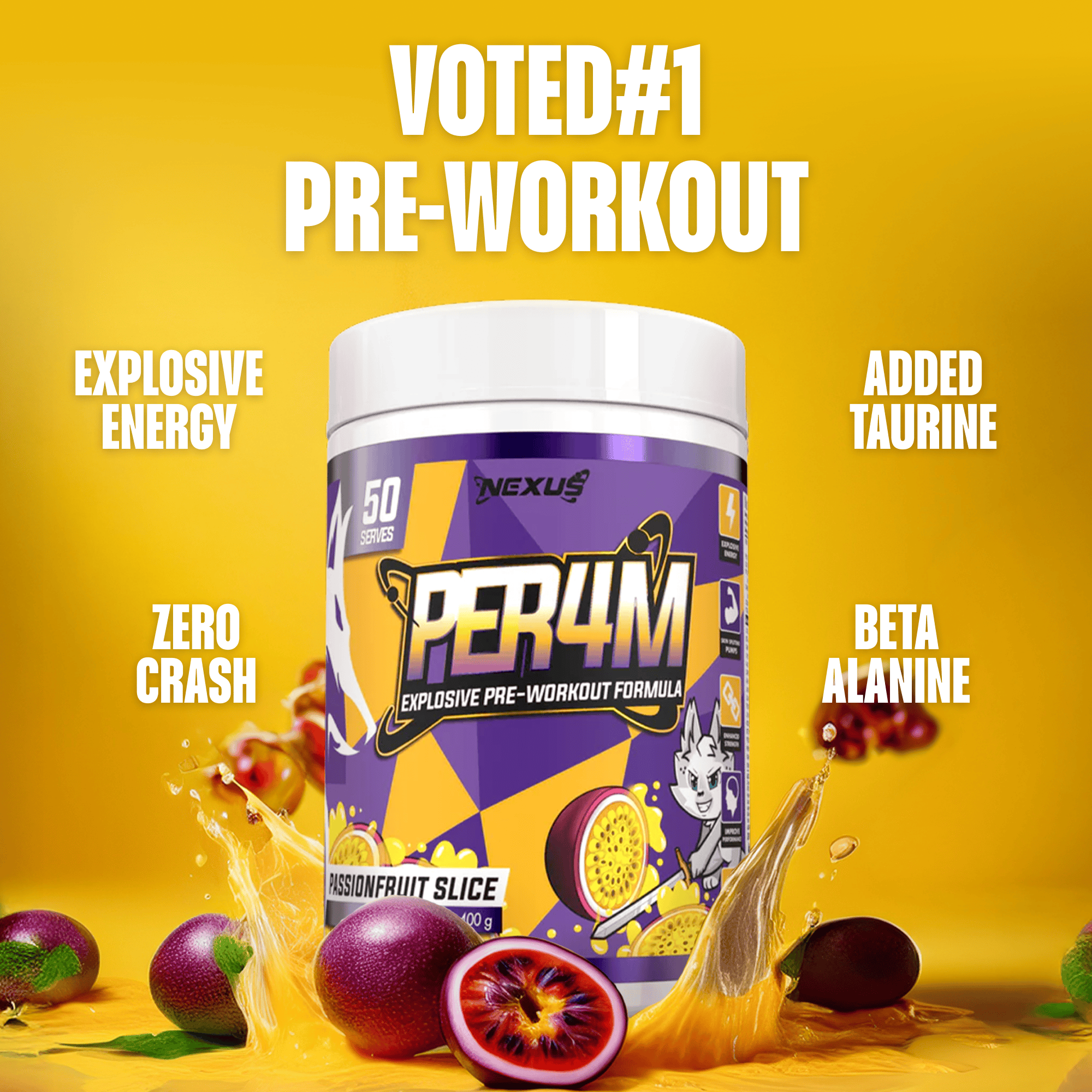 Nexus Nutrition PER4M pre-workout powder in passionfruit slice flavor, showing the colorful container and scoop of supplement.