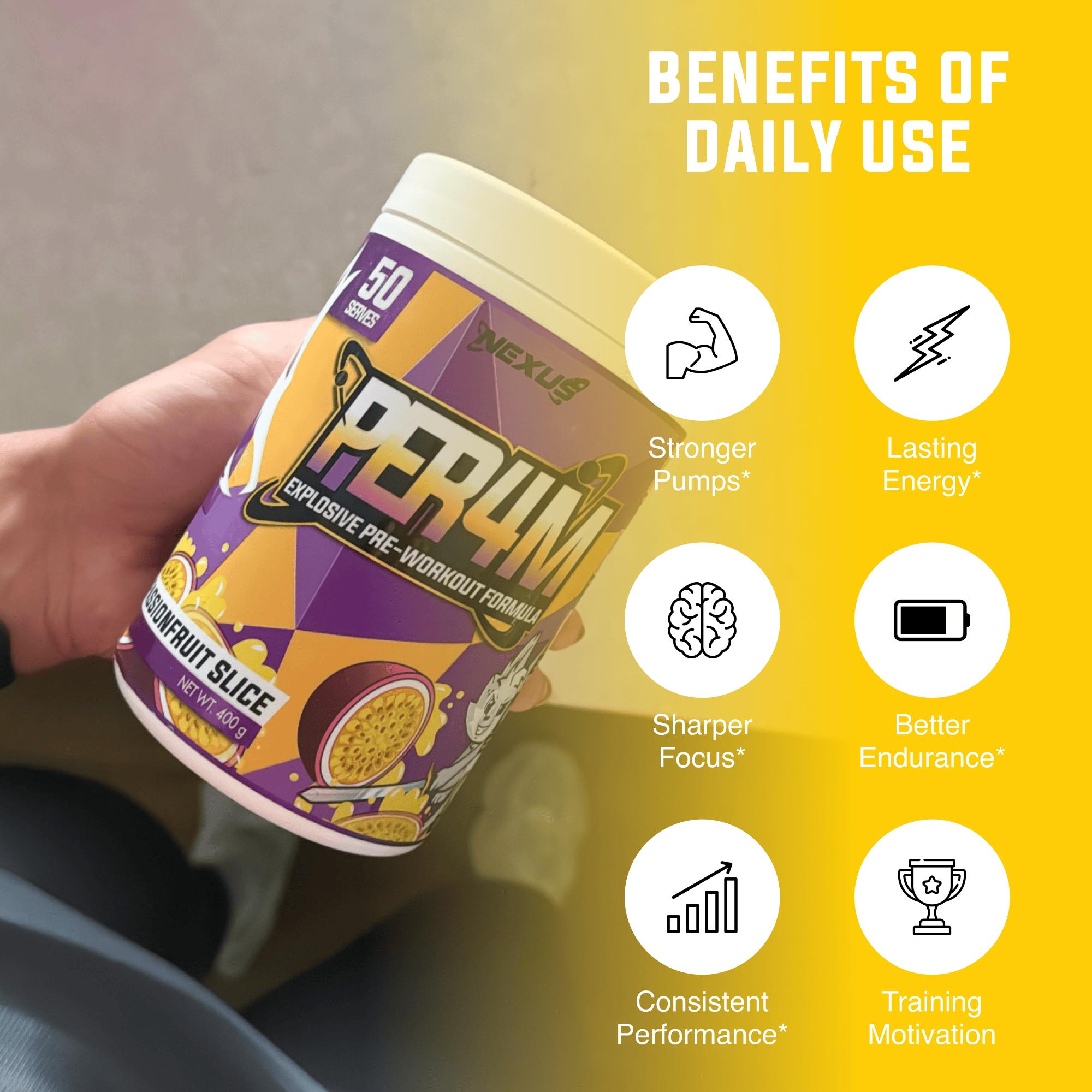 Nexus Nutrition PER4M pre-workout powder in passionfruit slice flavor, featuring vibrant orange and purple packaging.