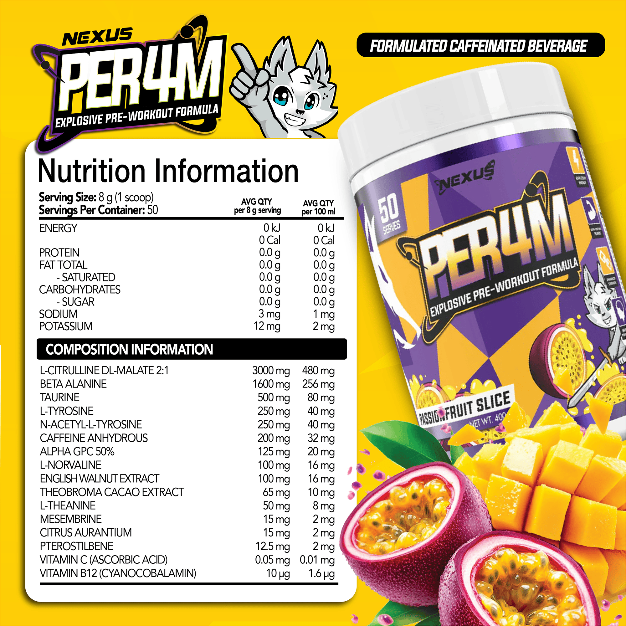 Nexus Nutrition PER4M pre-workout powder with passionfruit flavor in a clear container displaying the scoop and label.