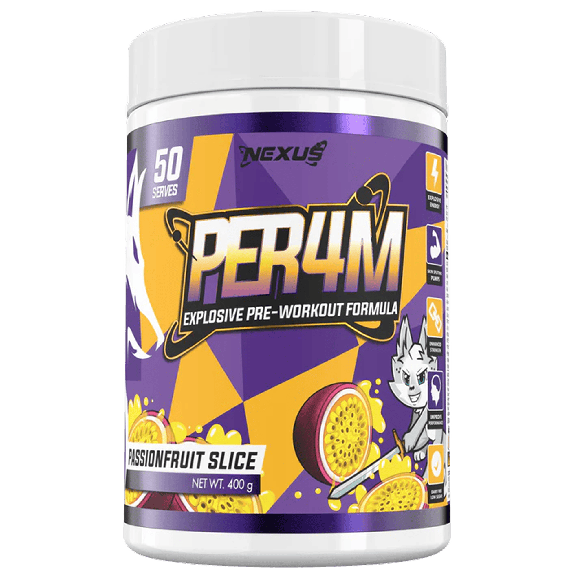 Nexus Nutrition PER4M pre-workout powder in passionfruit slice flavor, showing the supplement container and flavor scoop.