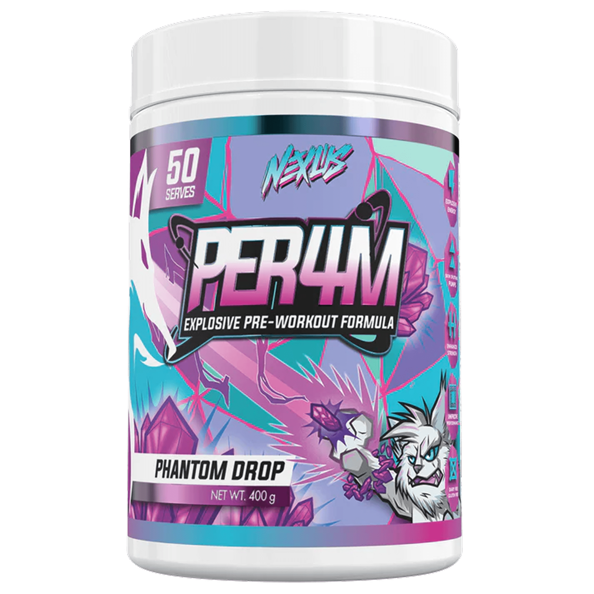 Nexus Nutrition PER4M pre-workout powder with phantom drop flavor in a colorful container, ready for workout.