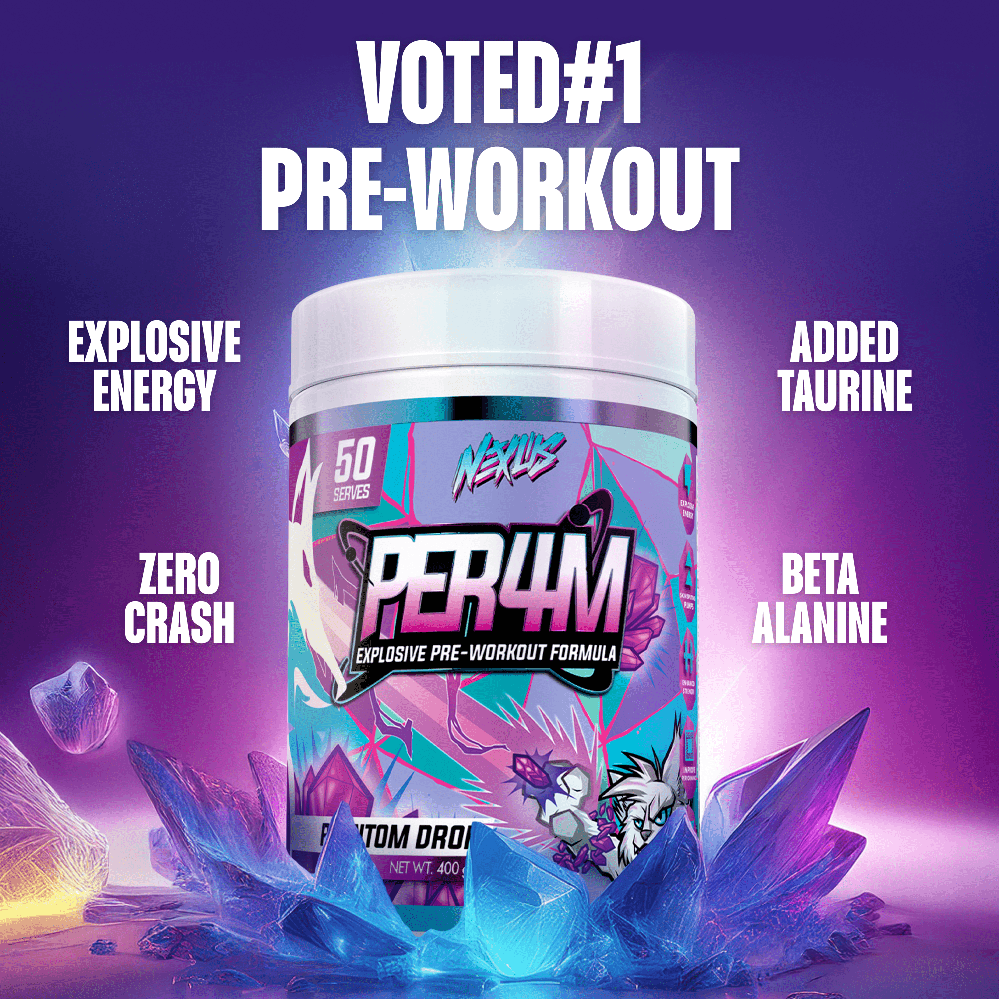 Nexus Nutrition PER4M Pre-Workout powder in Phantom Drop flavor, showing the container with the label and flavor details.