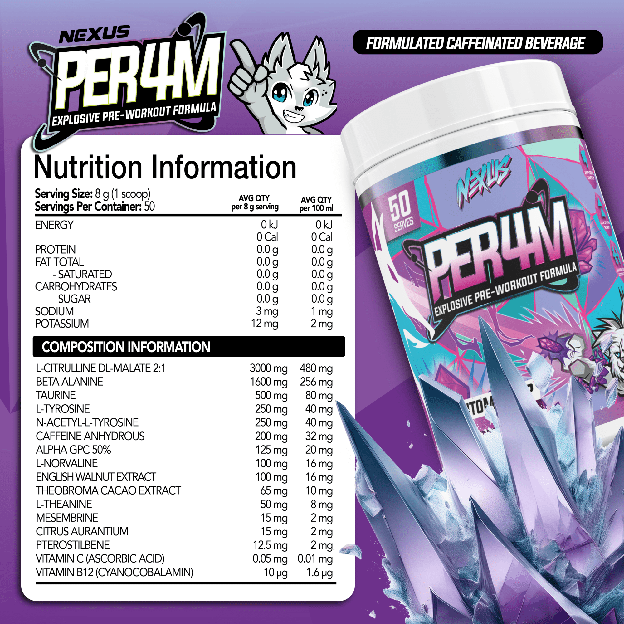 Nexus Nutrition PER4M Pre-Workout supplement with Phantom Drop flavor, showing the colorful energy-boosting powder in a container.