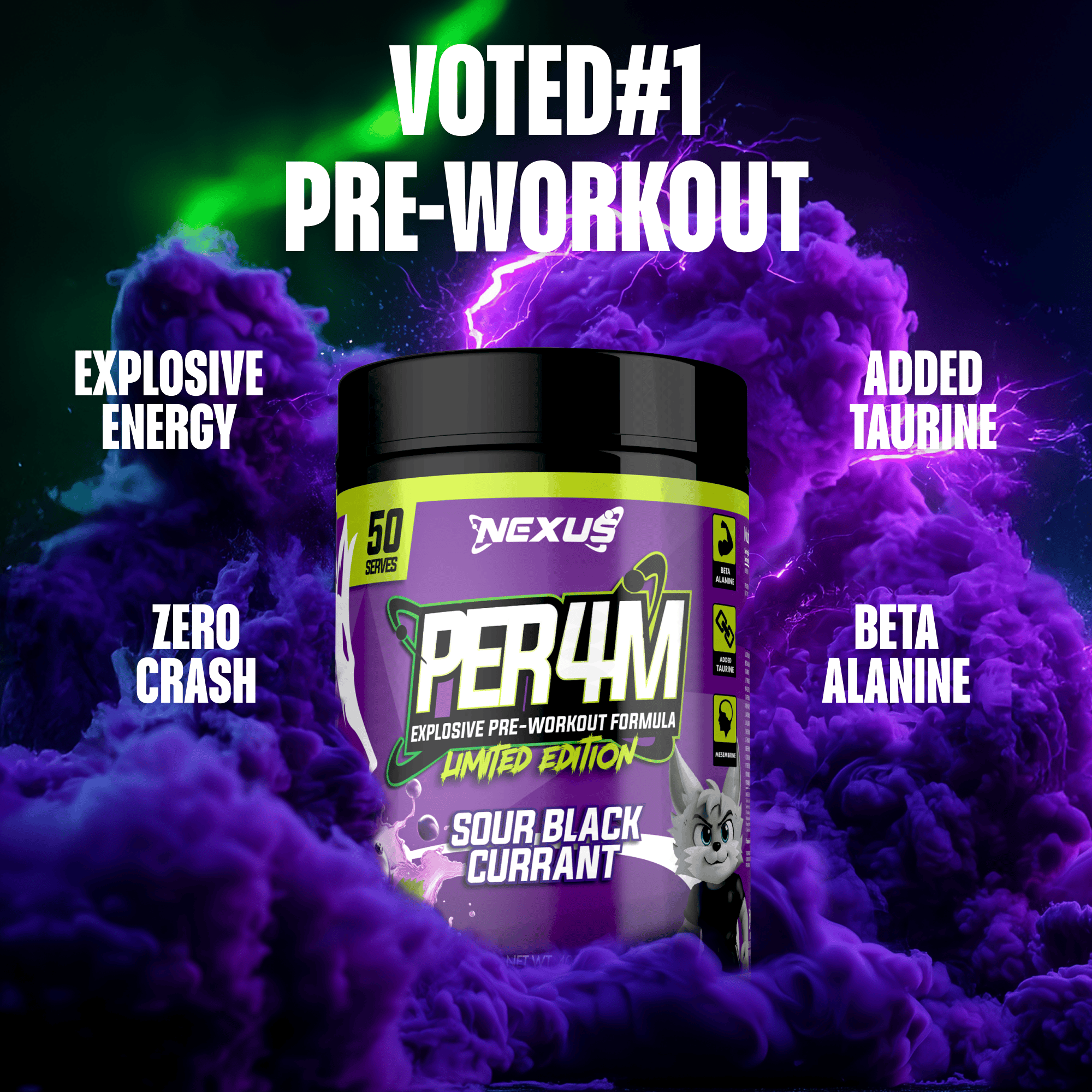 NEXUS PER4M Pre-Workout supplement container with pineapple flavor and vibrant label design, Nexus Nutrition product.