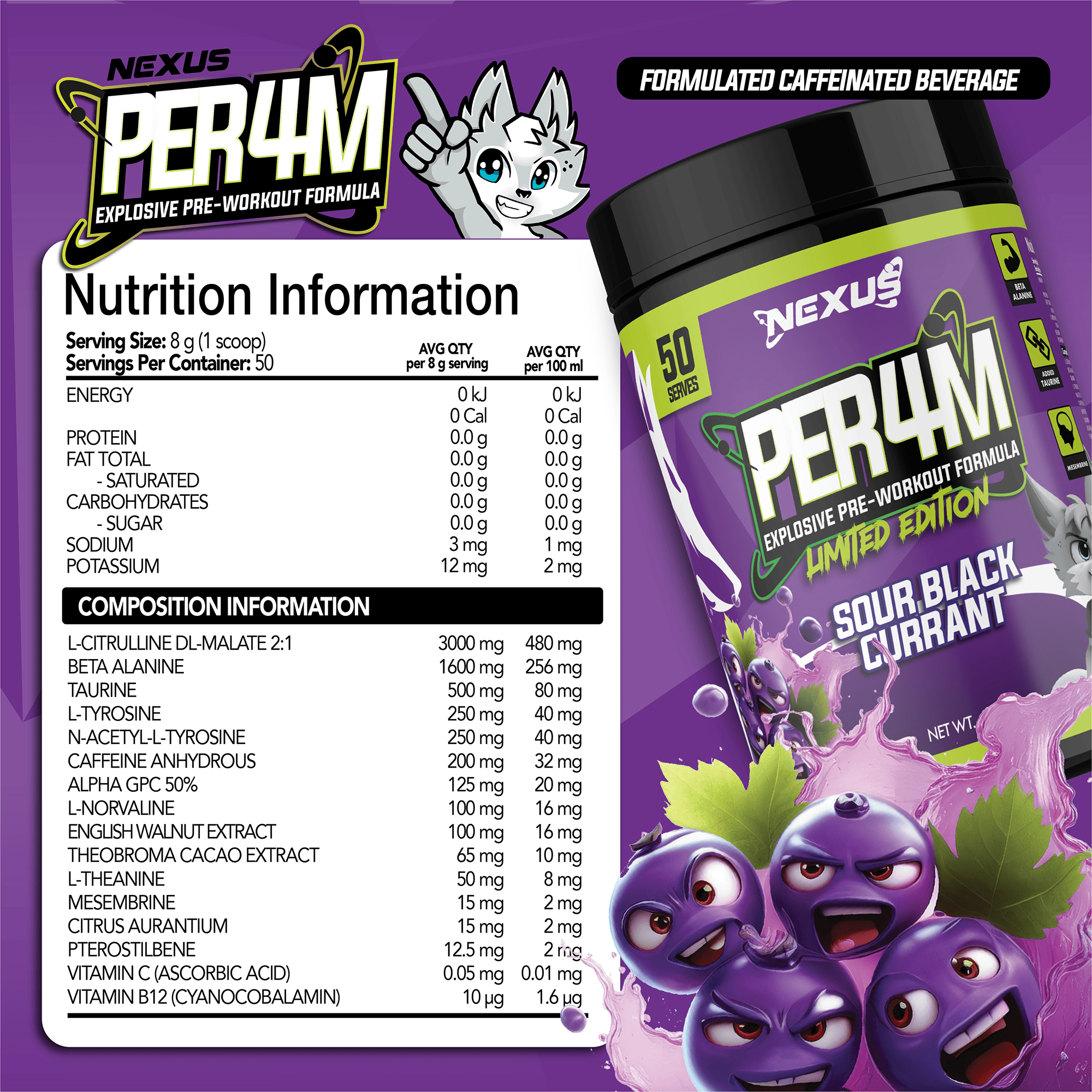 Nexus Nutrition PER4M Pre-Workout supplement container with Pine flavor label and vibrant design, ready for gym use.