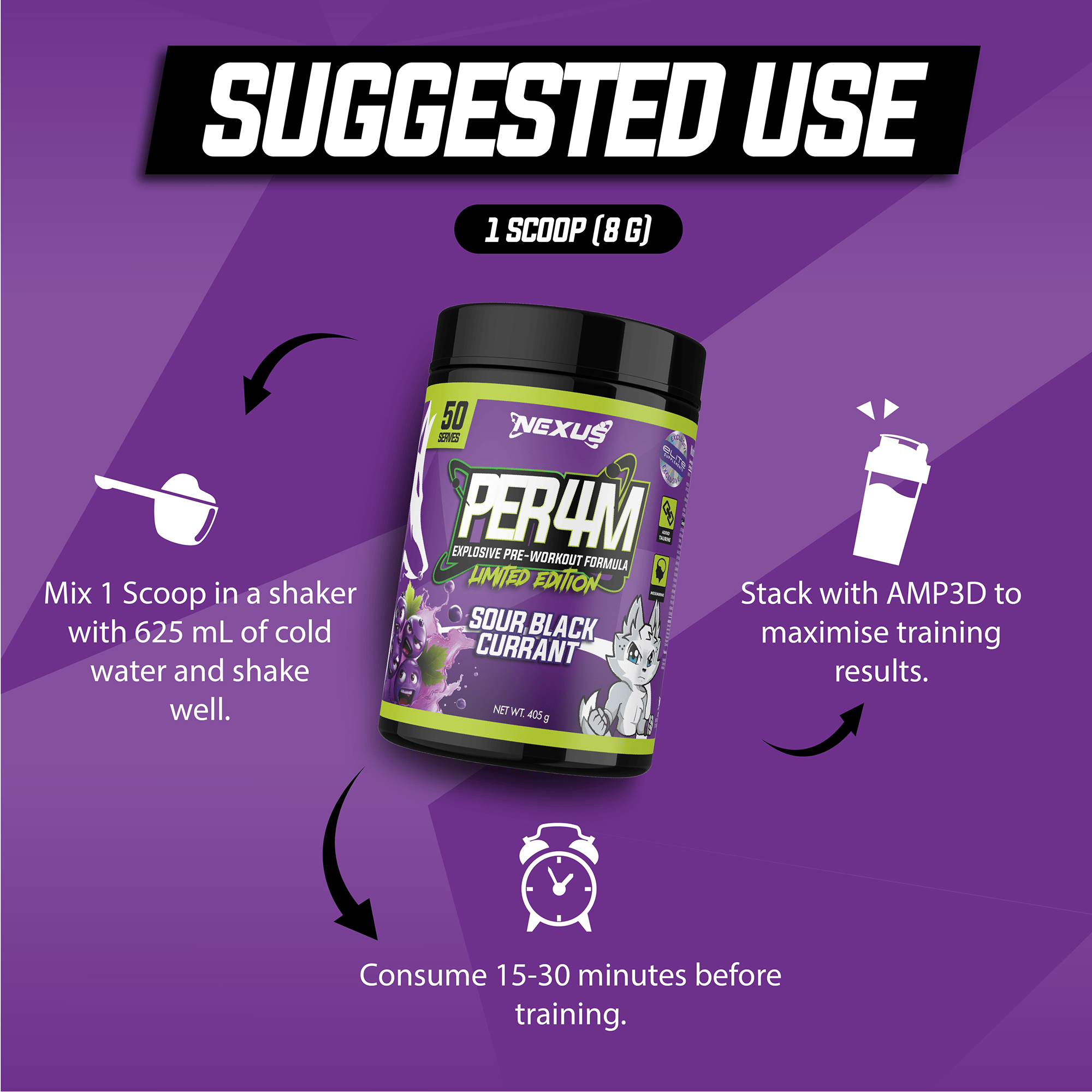 Nexus Nutrition PER4M Pre-Workout powder in a pineapple flavor container, with the label showing the product name and brand.