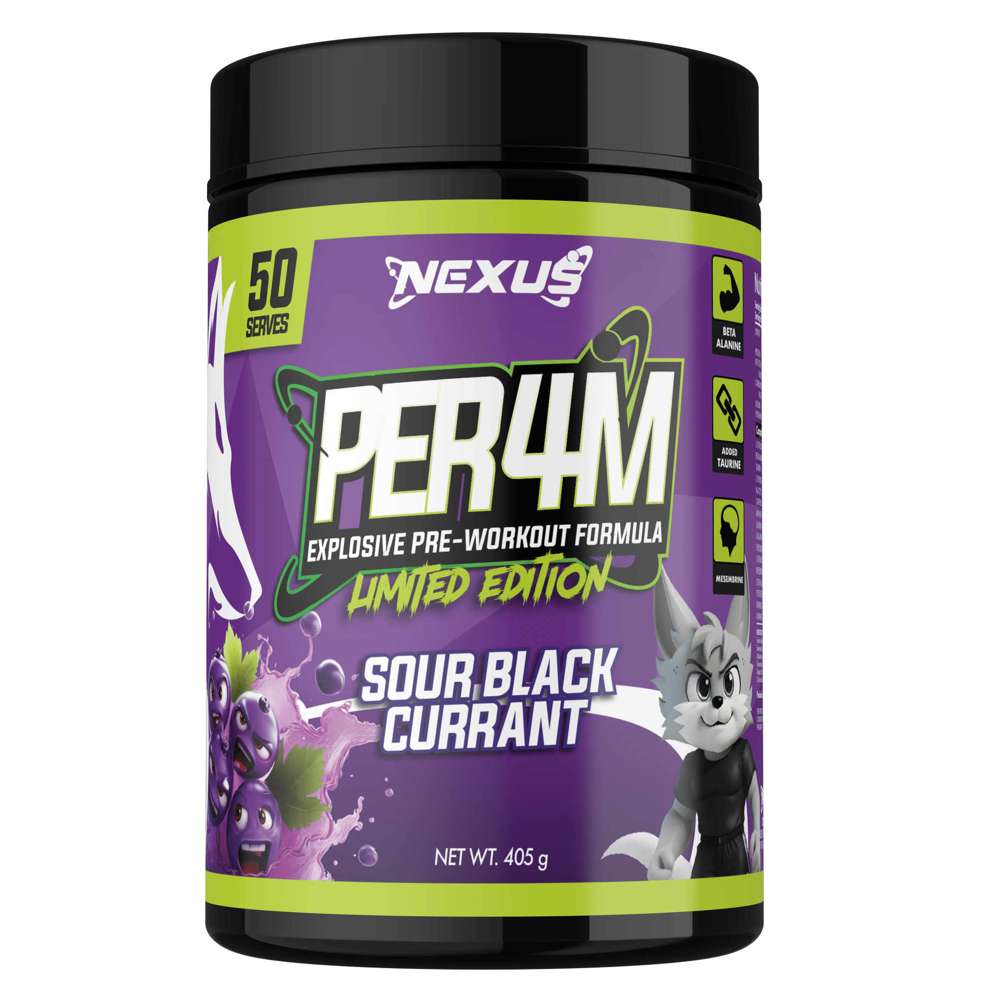 Nexus Nutrition PER4M Pre-Workout supplement container with pineapple flavor, featuring a vibrant label and branding.