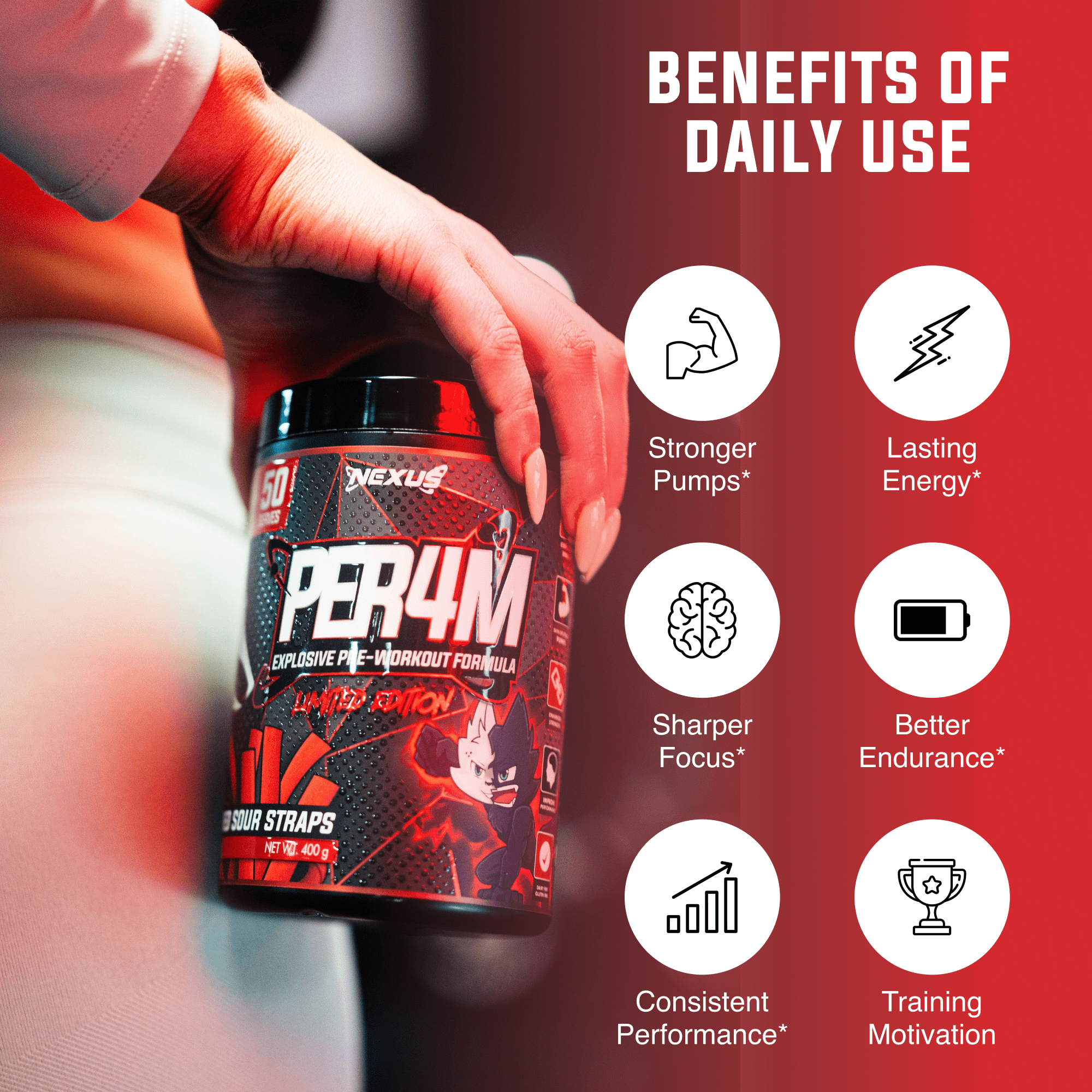 Nexus Nutrition PER4M Pre-Workout supplement with red sour straps flavor, showing the colorful packaging and red sour candy.