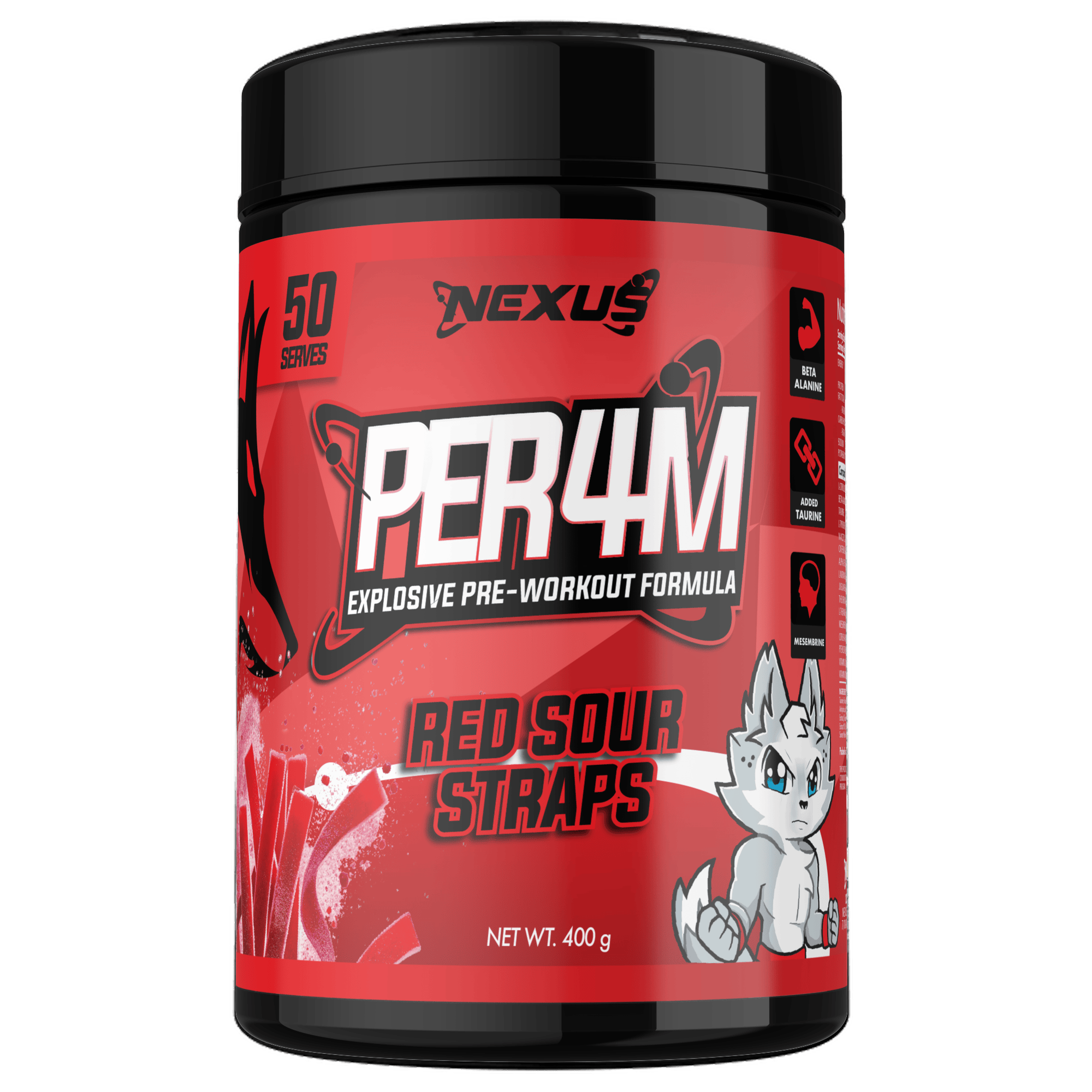 Nexus Nutrition PER4M Pre-Workout with Red Sour Straps flavor, showing the supplement container and colorful flavor packaging.