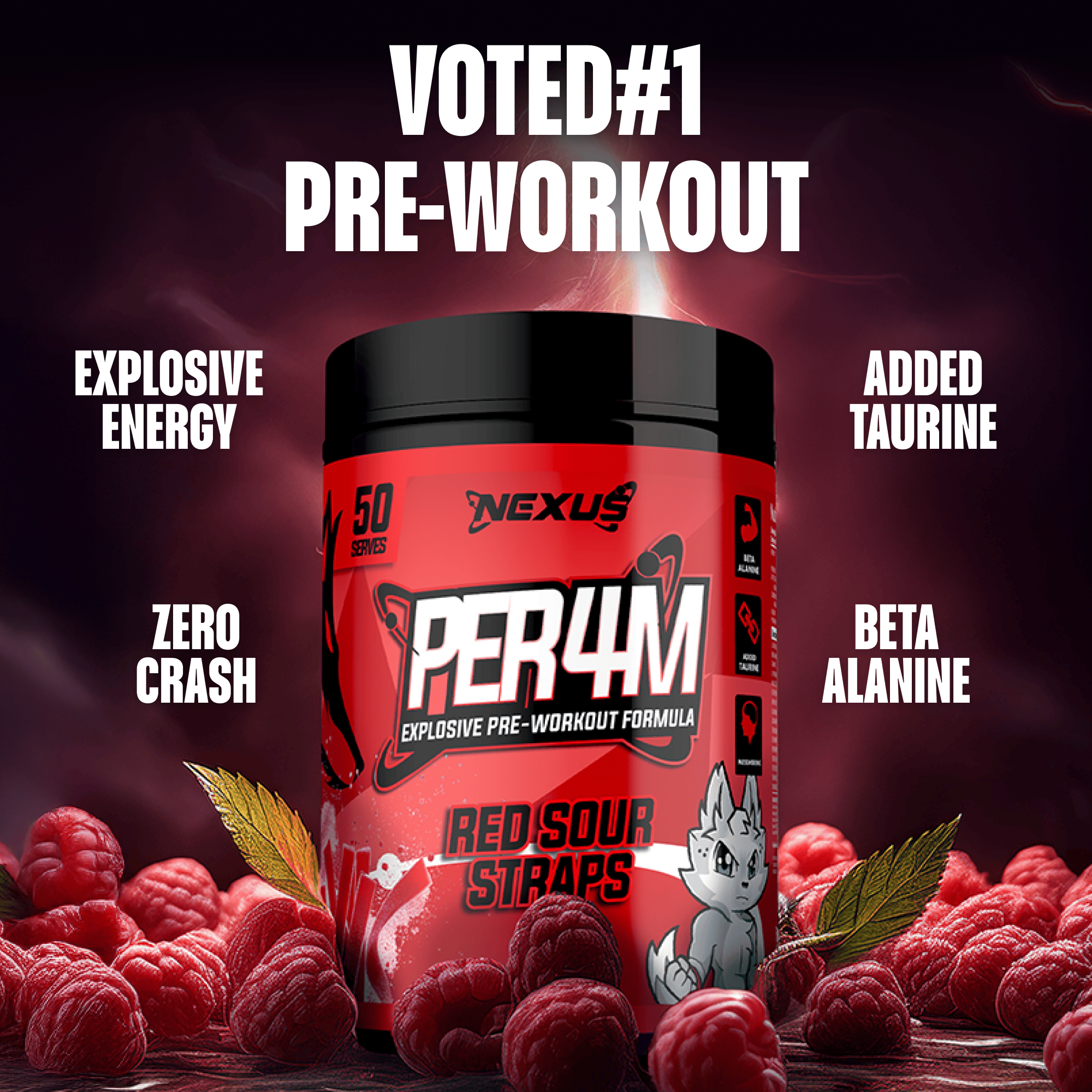 Nexus Nutrition PER4M pre-workout supplement with red sour straps flavor, showing the product packaging and flavor imagery.