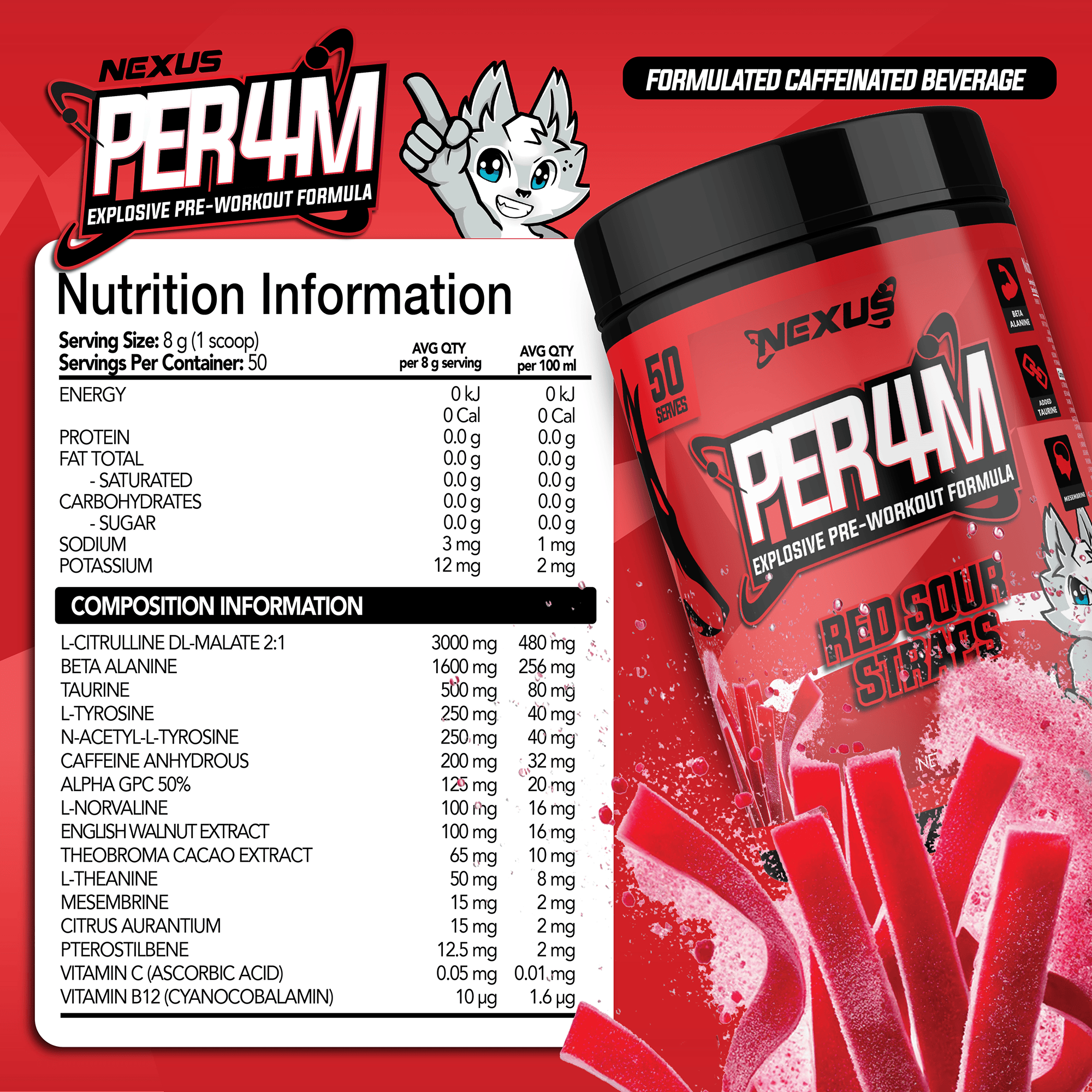 Nexus Nutrition PER4M Pre-Workout supplement with red sour straps flavor, showing the product packaging and flavor imagery.