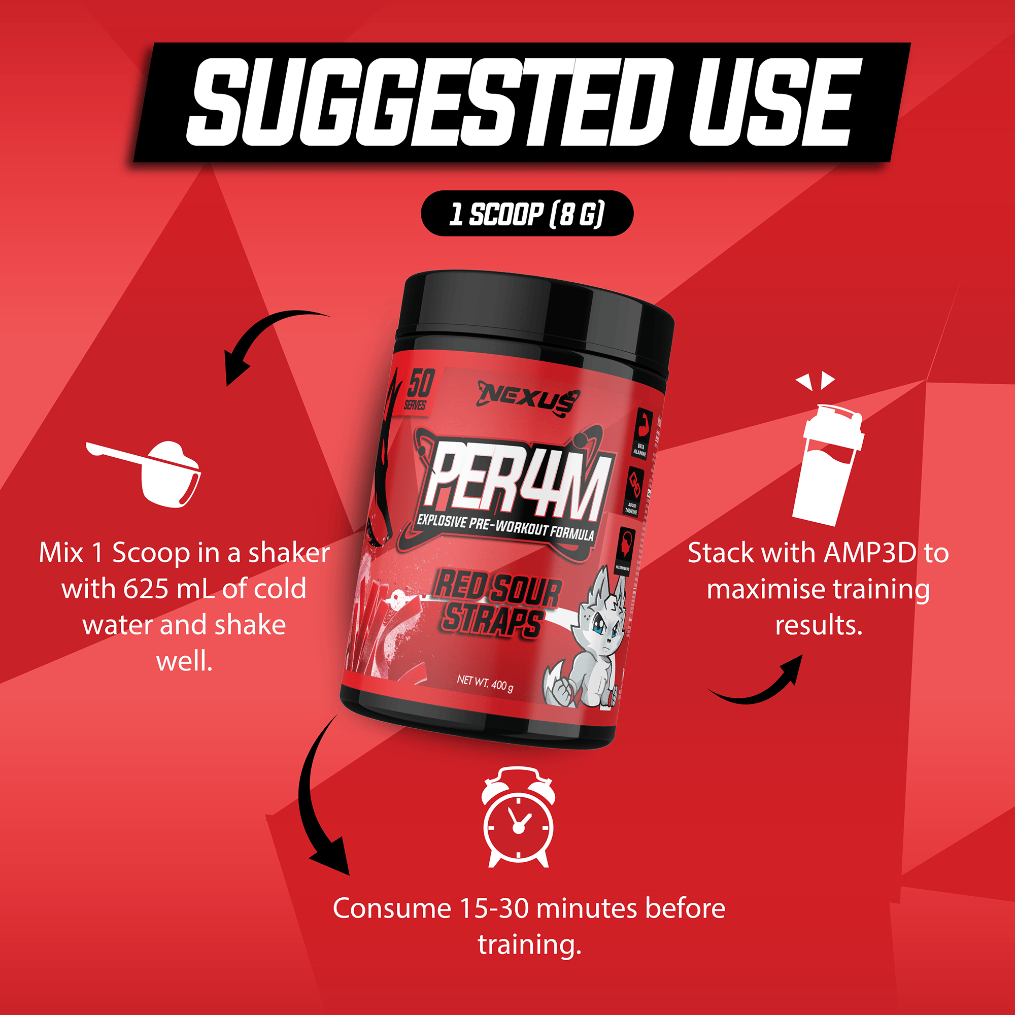 Nexus Nutrition PER4M pre-workout powder in red sour straps flavor, shown in a clear container with the product label visible.