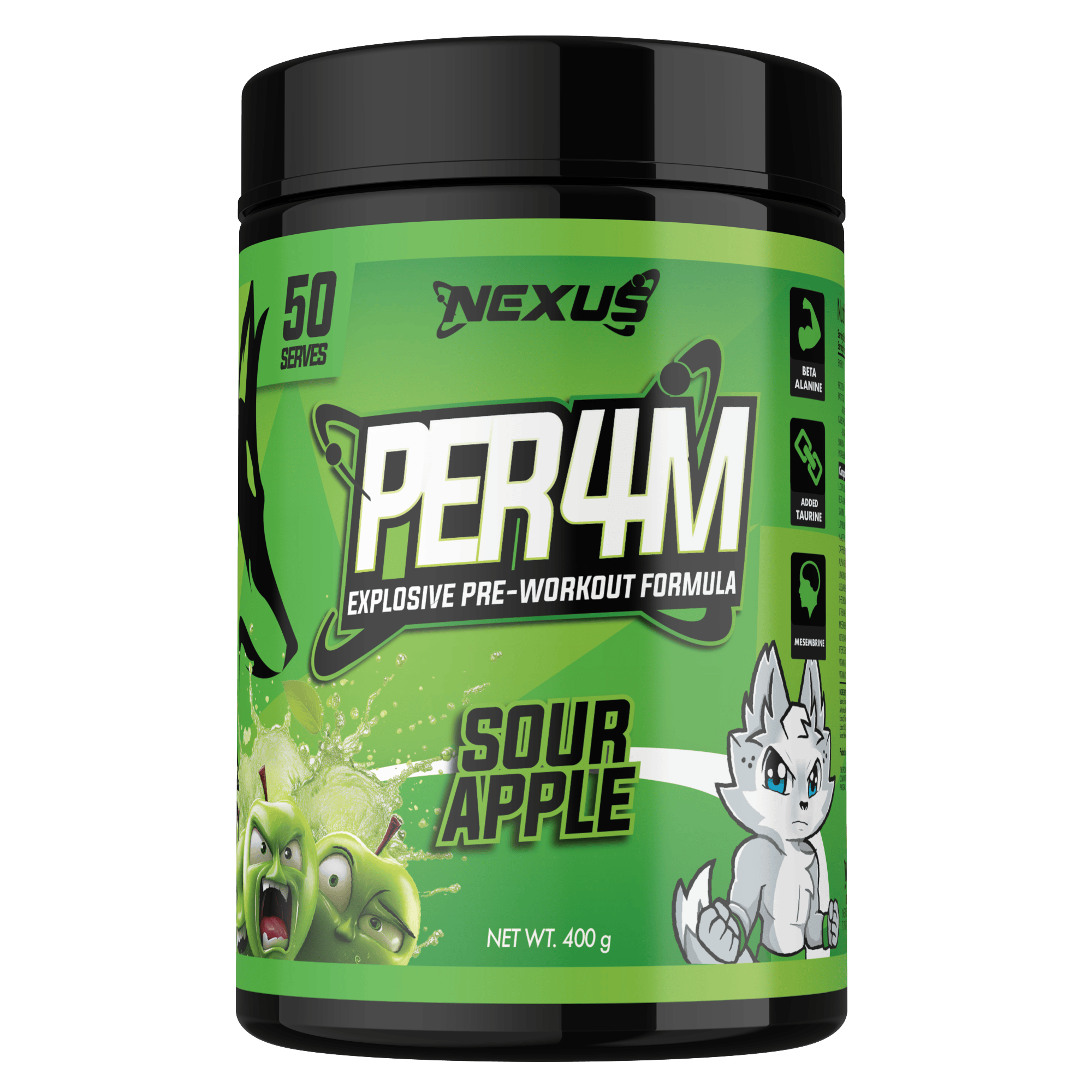 Nexus Nutrition PER4M Pre-Workout powder in Sour Apple flavor, showing the colorful container and scoop of pre-workout supplement.