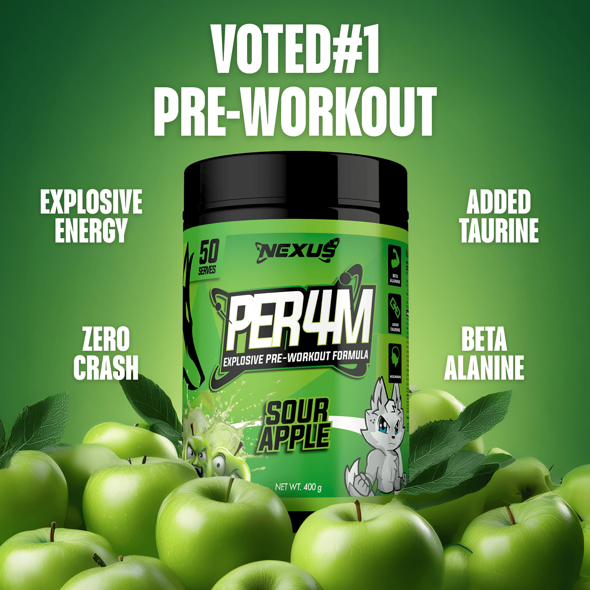 Nexus Nutrition PER4M Pre-Workout powder in Sour Apple flavor, featuring vibrant green sour apple flavor and supplement packaging.