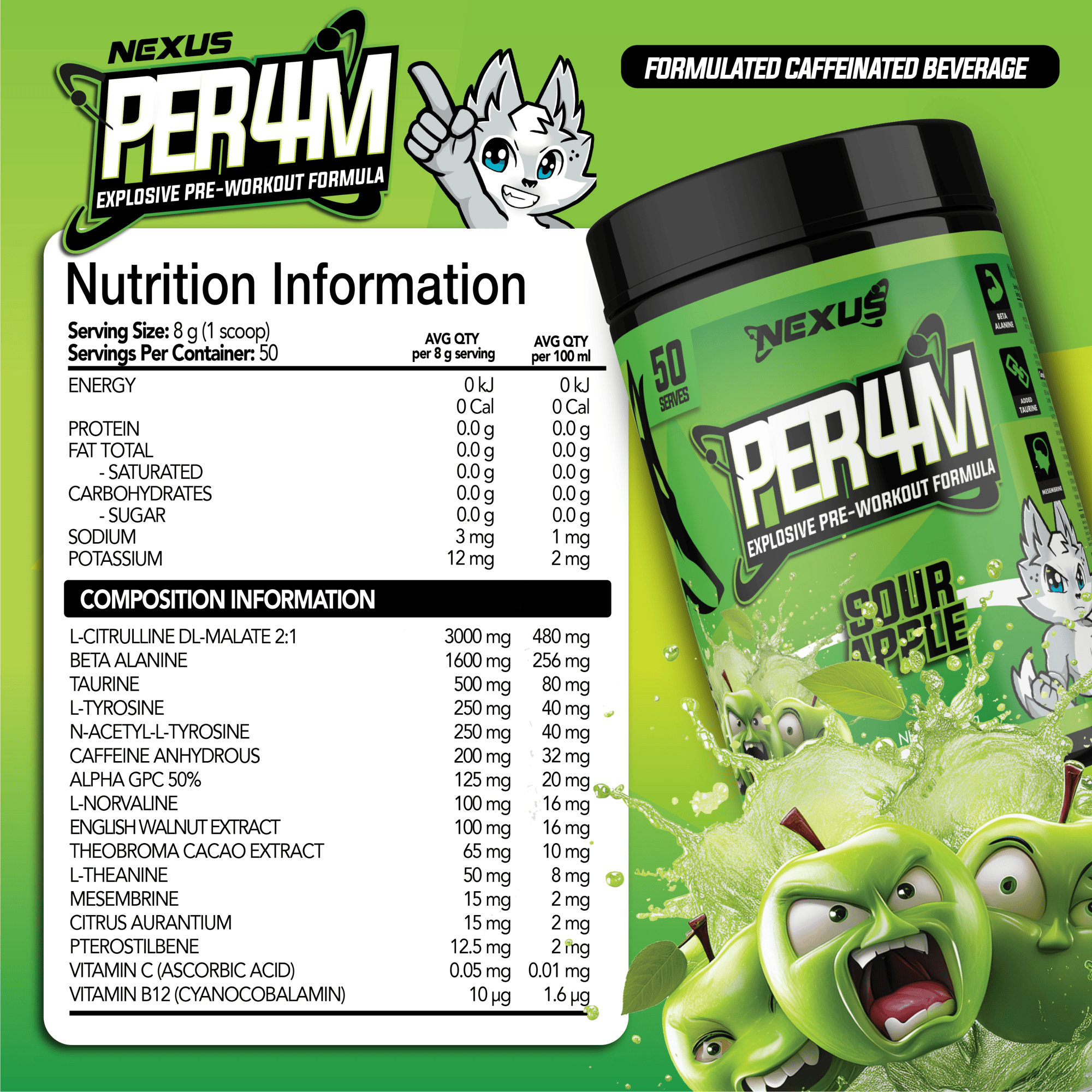 Nexus Nutrition PER4M Pre-Workout powder in Sour Apple flavor, showing the supplement container and scoop on a white background.