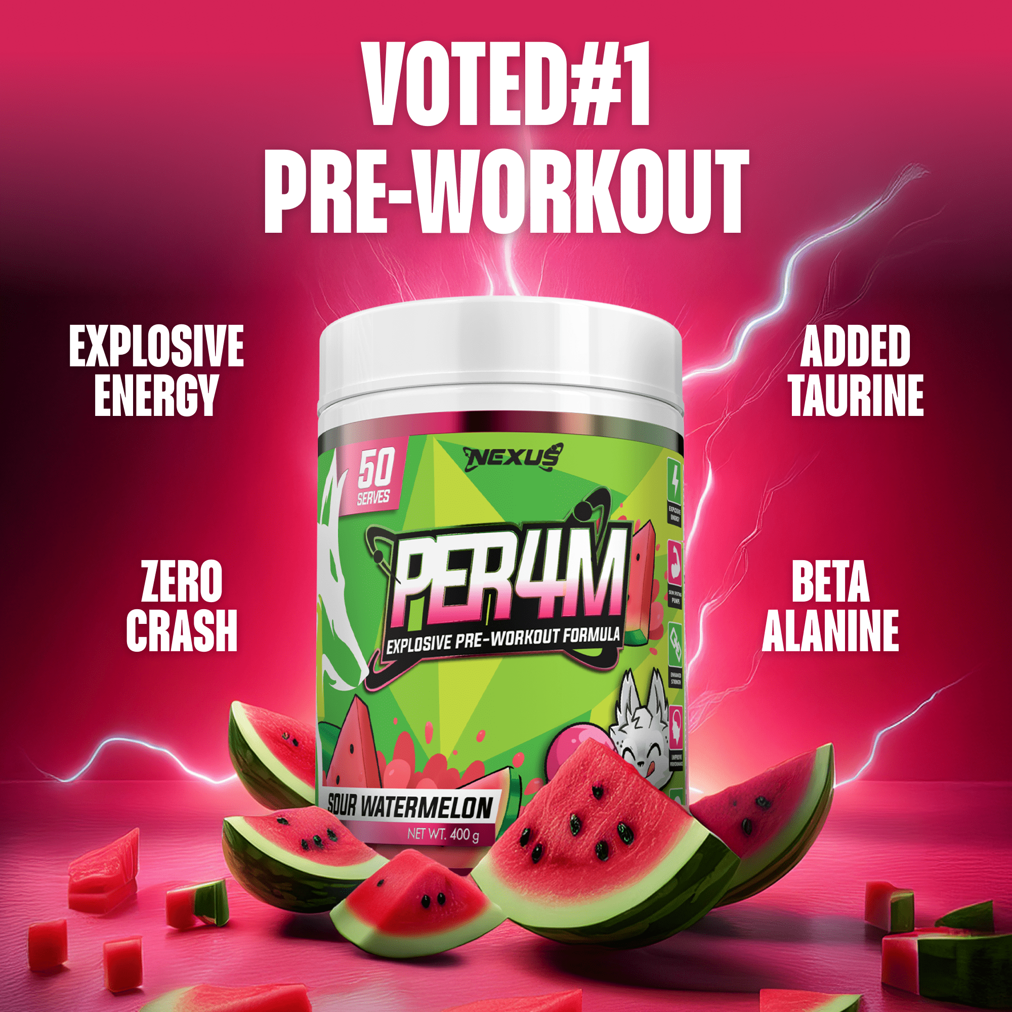 Nexus Nutrition PER4M Pre-Workout powder in Sour Melon flavor, shown in a container with the scoop and supplement scoop.
