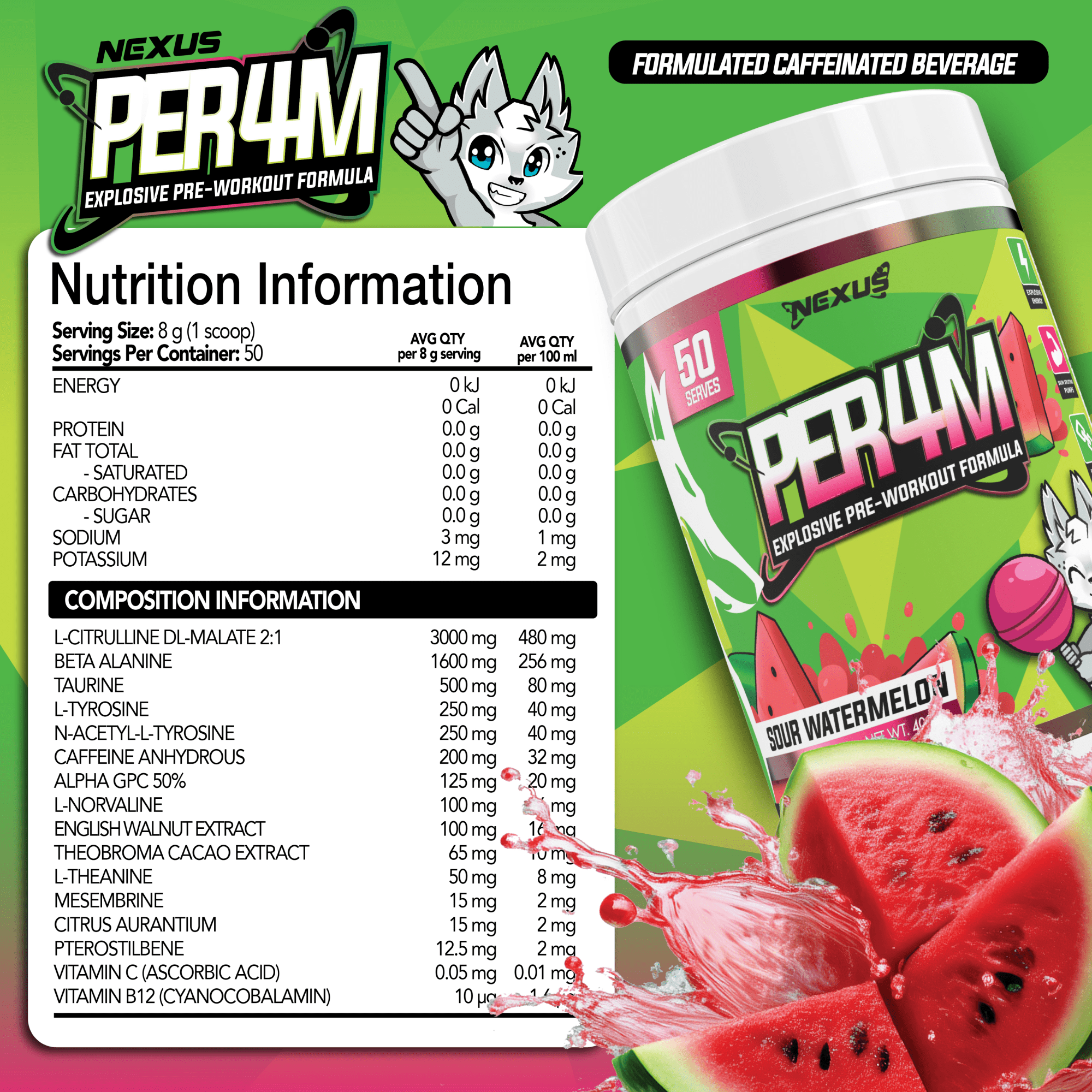 NEXUS PER4M Sour Melon pre-workout supplement in a container with a sour melon flavor label.