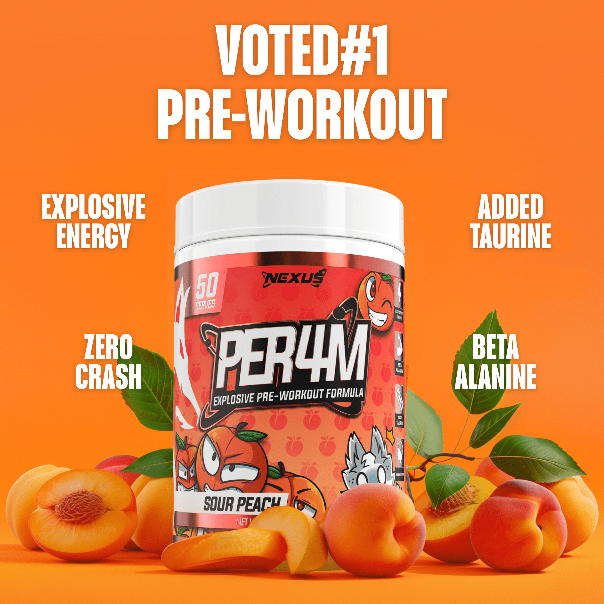Nexus Nutrition PER4M pre-workout powder in Sour Peach flavor, showing the colorful supplement container and scoop.